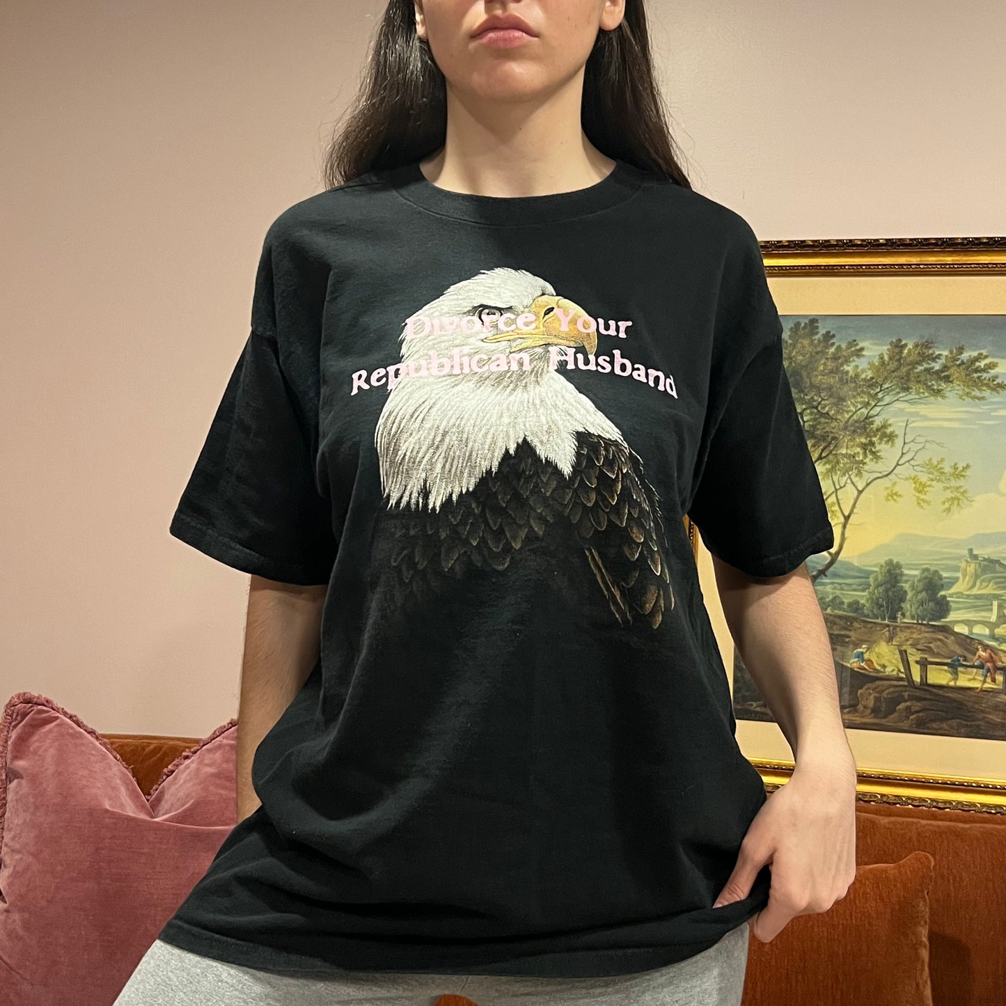 DIVORCE YOUR REPUBLICAN HUSBAND eagle t-shirt with pink text (XL)