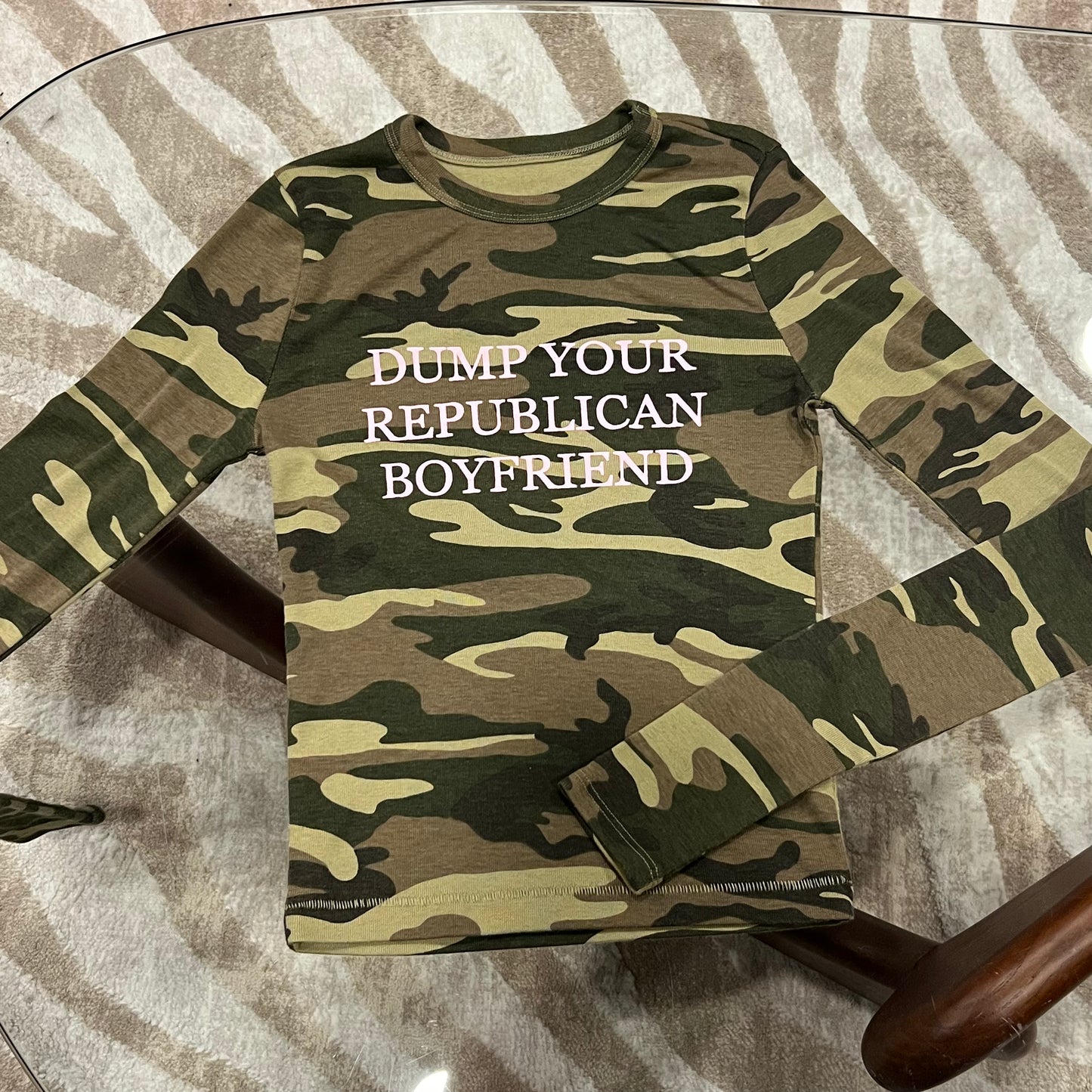 DUMP YOUR REPUBLICAN BOYFRIEND camo long sleeve t-shirt with pink text (M)