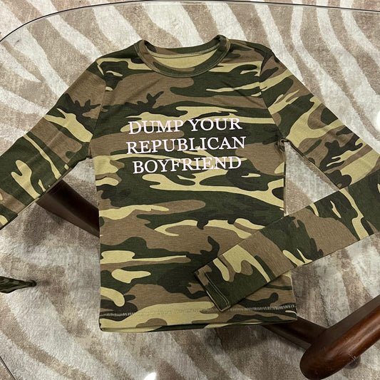 DUMP YOUR REPUBLICAN BOYFRIEND camo long sleeve t-shirt with pink text (M)