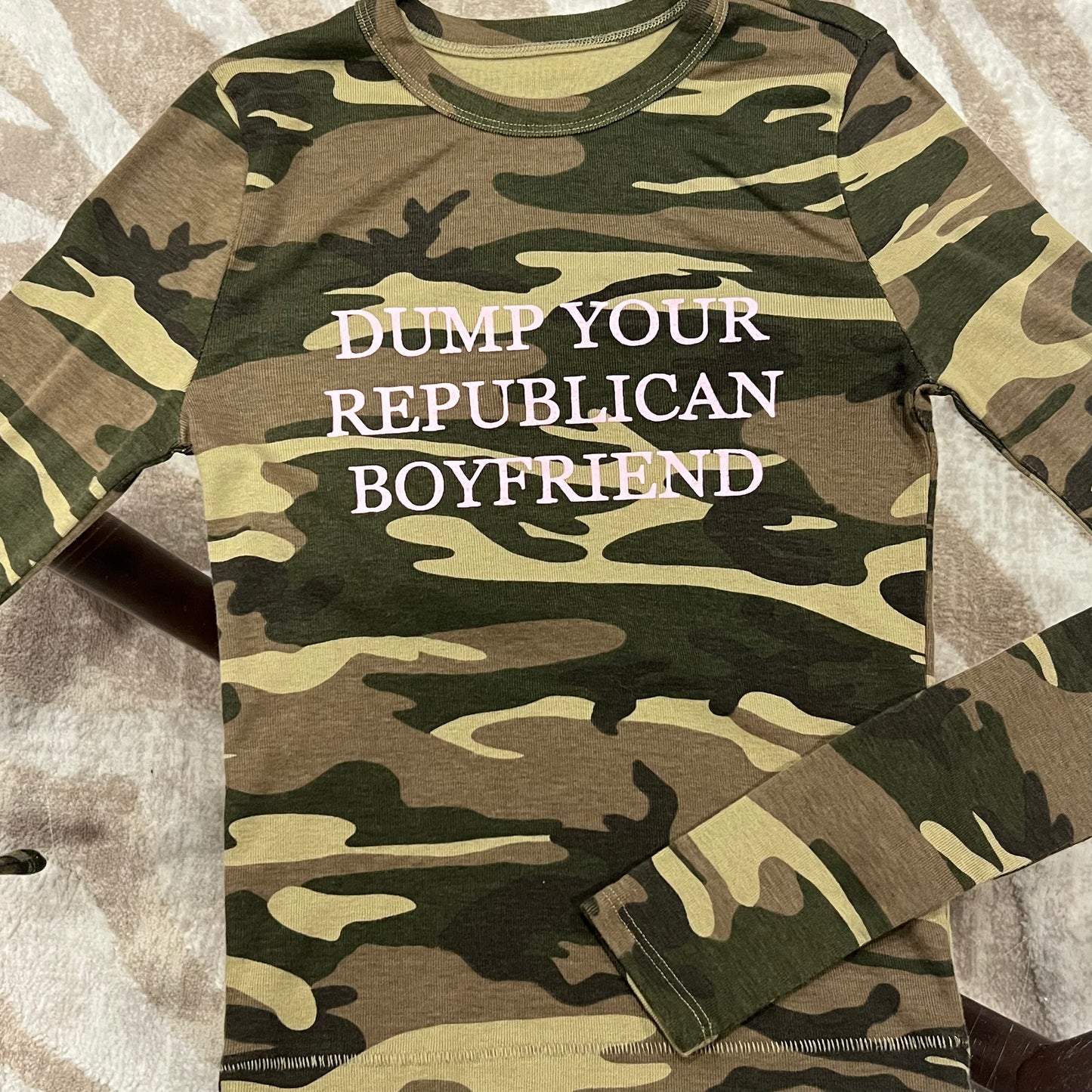 DUMP YOUR REPUBLICAN BOYFRIEND camo long sleeve t-shirt with pink text (M)