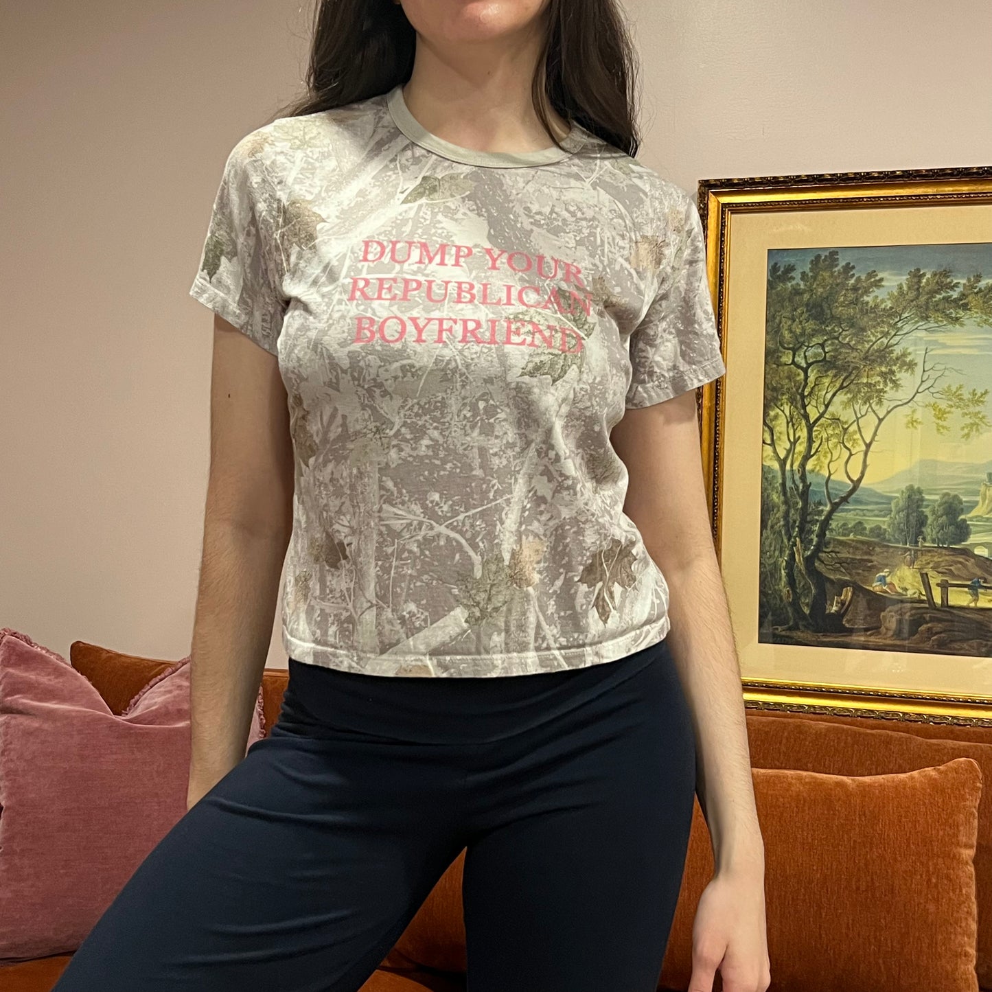 DUMP YOUR REPUBLICAN BOYFRIEND white camo t-shirt with pink text (S)