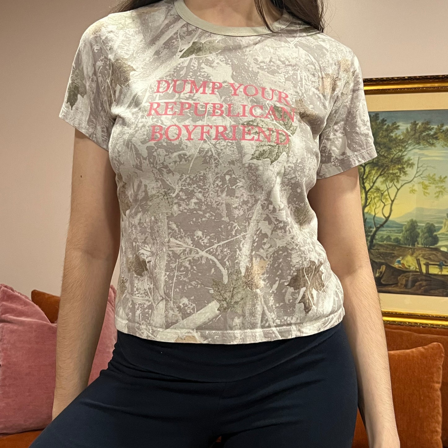 DUMP YOUR REPUBLICAN BOYFRIEND white camo t-shirt with pink text (S)