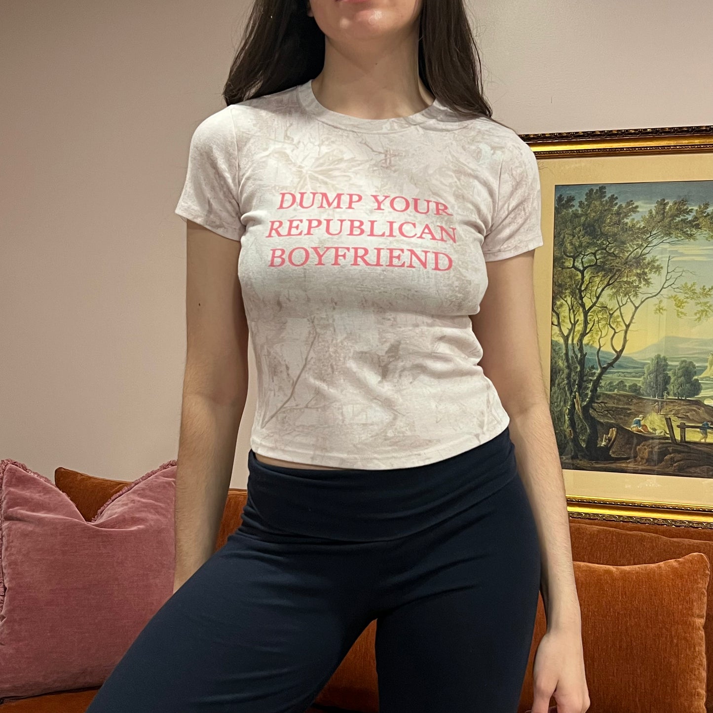 DUMP YOUR REPUBLICAN BOYFRIEND pink camo t-shirt with pink text (S)