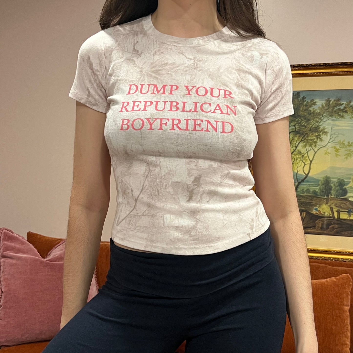 DUMP YOUR REPUBLICAN BOYFRIEND pink camo t-shirt with pink text (S)