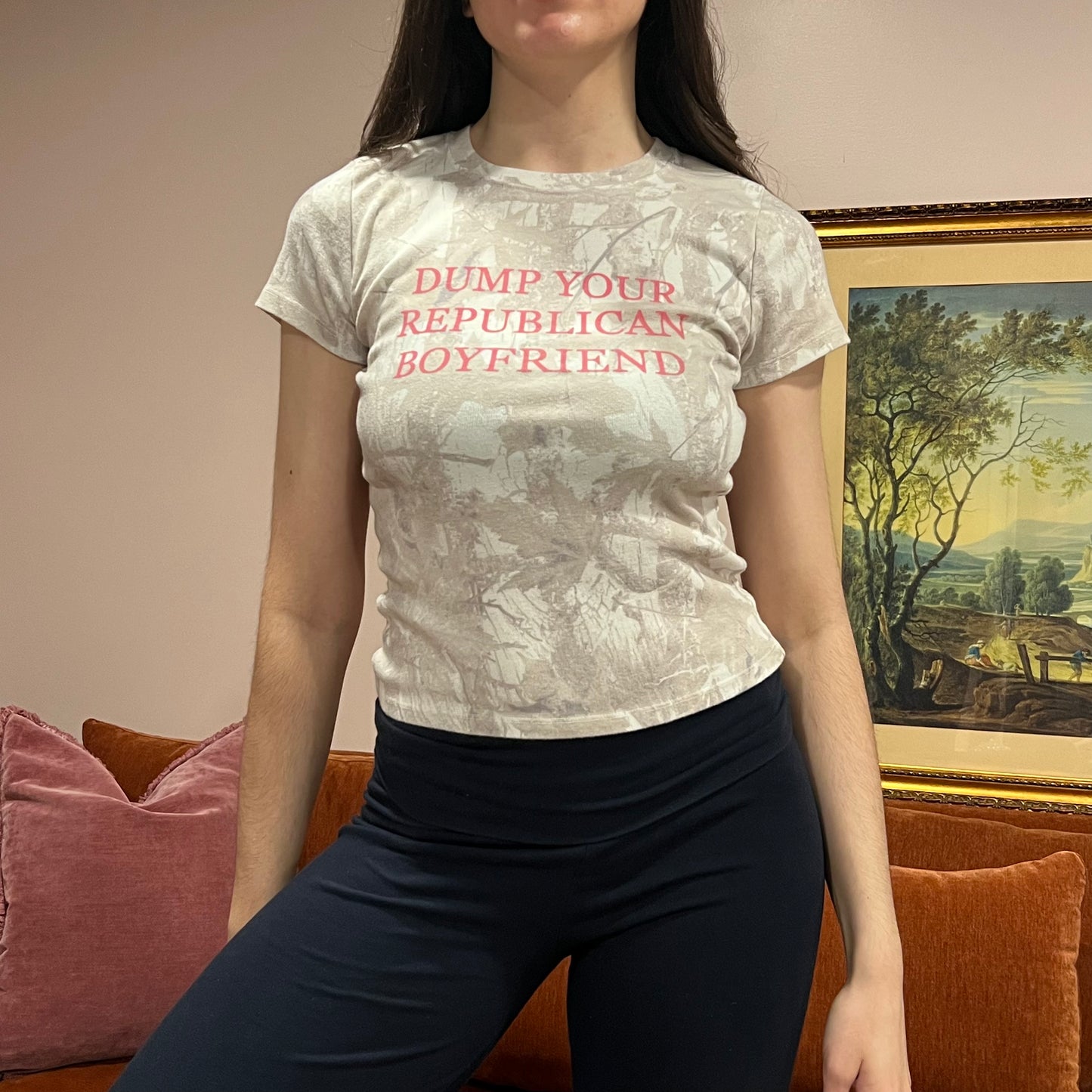 DUMP YOUR REPUBLICAN BOYFRIEND white camo t-shirt with pink text (M)