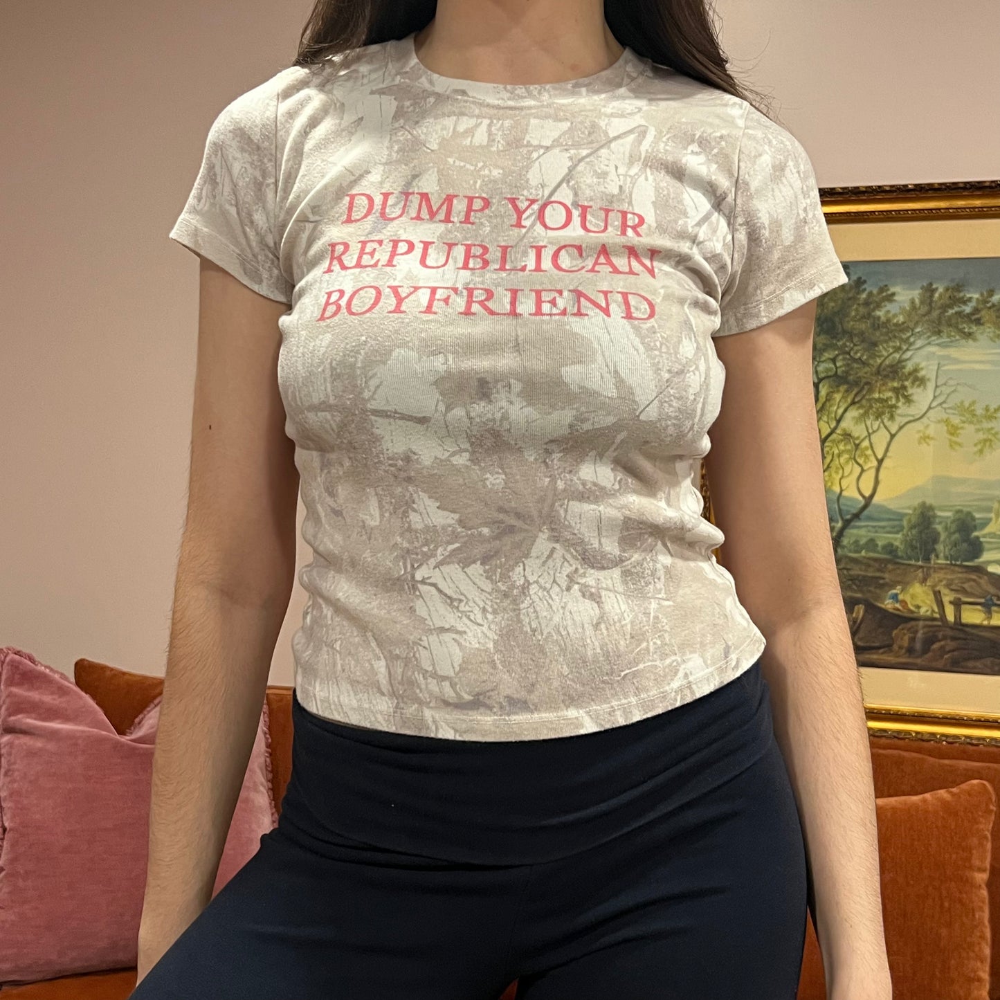 DUMP YOUR REPUBLICAN BOYFRIEND white camo t-shirt with pink text (M)