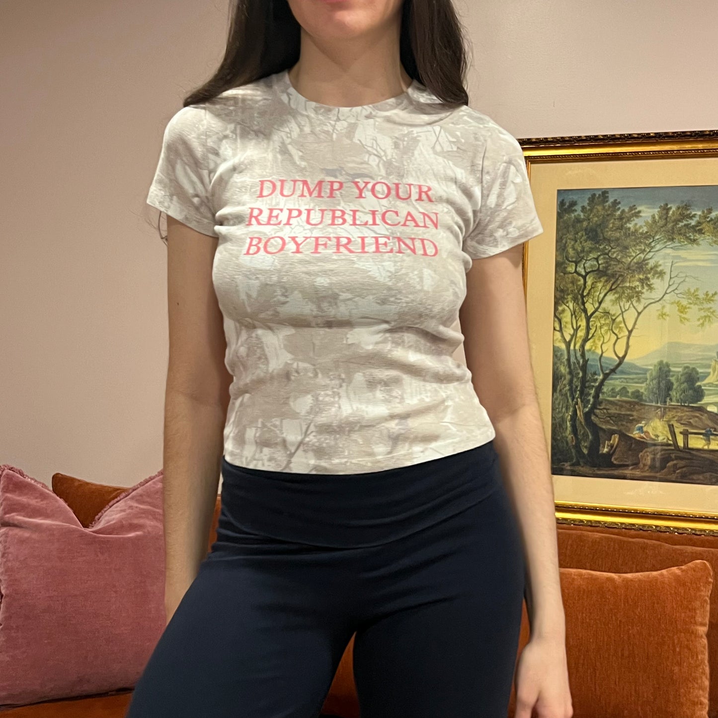 DUMP YOUR REPUBLICAN BOYFRIEND white camo t-shirt with pink text (M)
