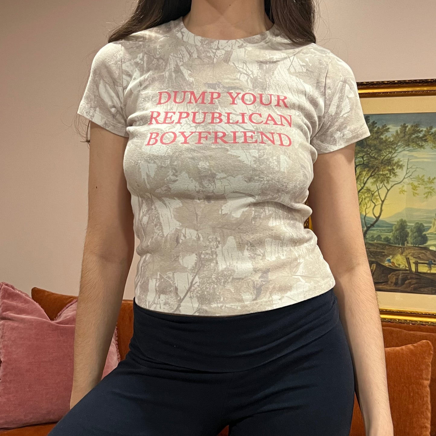 DUMP YOUR REPUBLICAN BOYFRIEND white camo t-shirt with pink text (M)