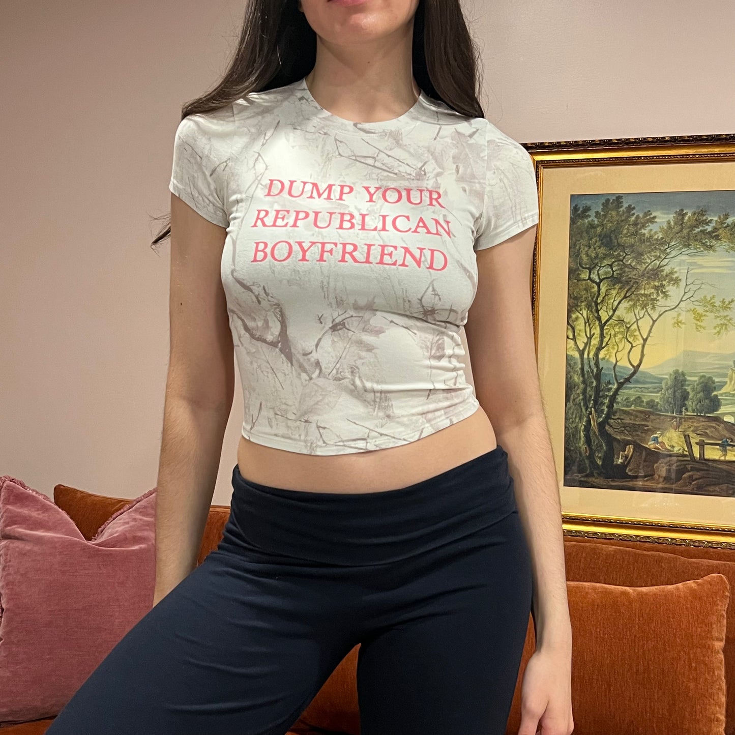 DUMP YOUR REPUBLICAN BOYFRIEND white camo t-shirt with pink text (M)