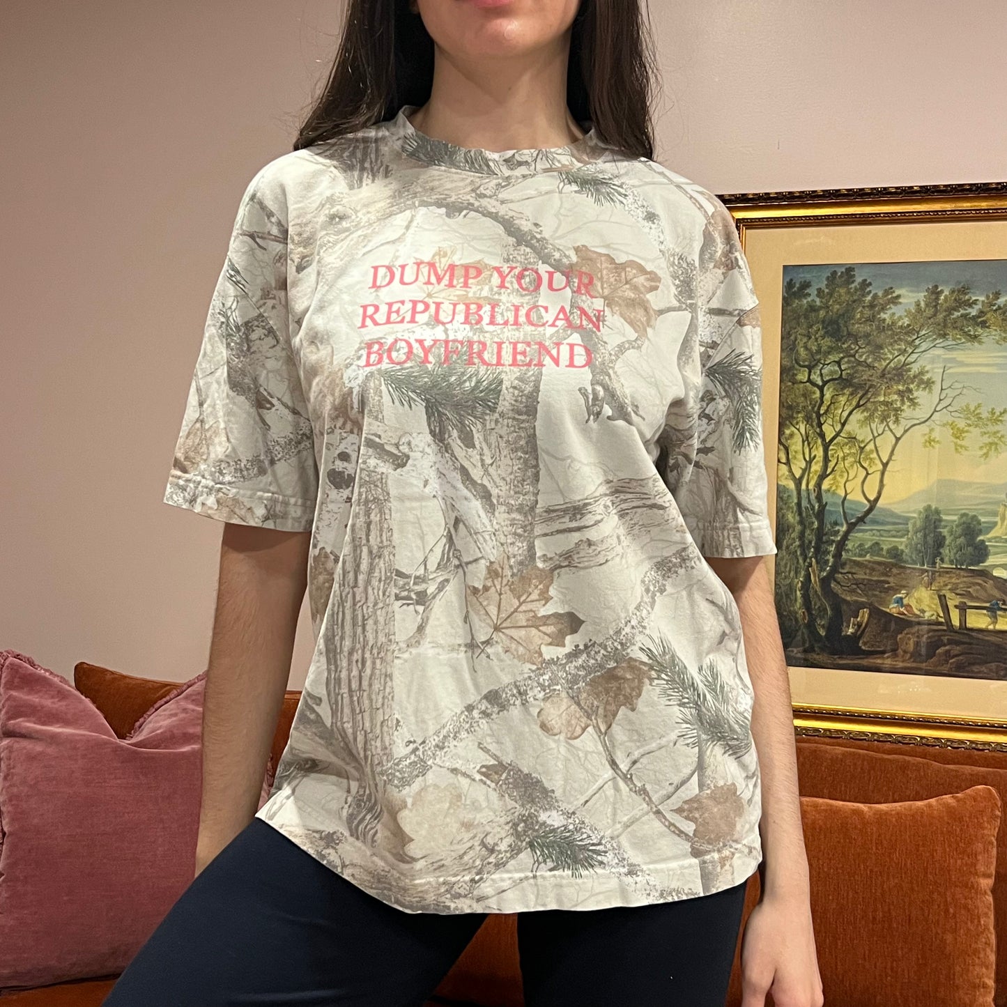 DUMP YOUR REPUBLICAN BOYFRIEND white camo t-shirt with pink text (L)