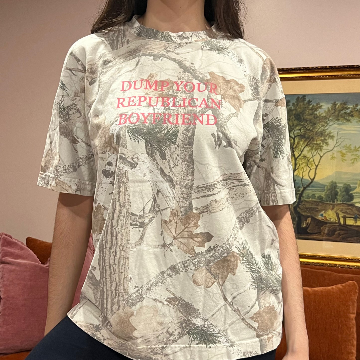 DUMP YOUR REPUBLICAN BOYFRIEND white camo t-shirt with pink text (L)