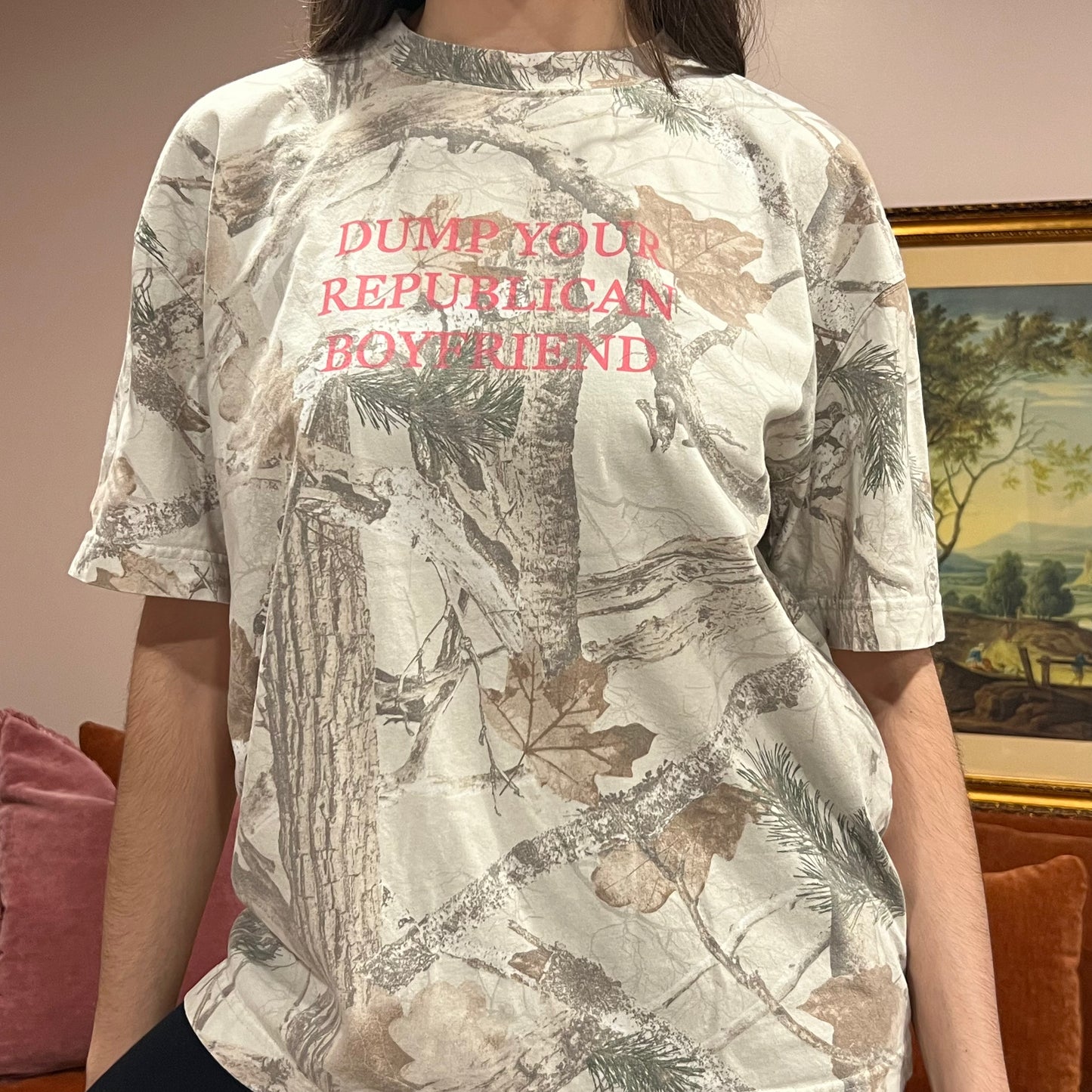 DUMP YOUR REPUBLICAN BOYFRIEND white camo t-shirt with pink text (L)