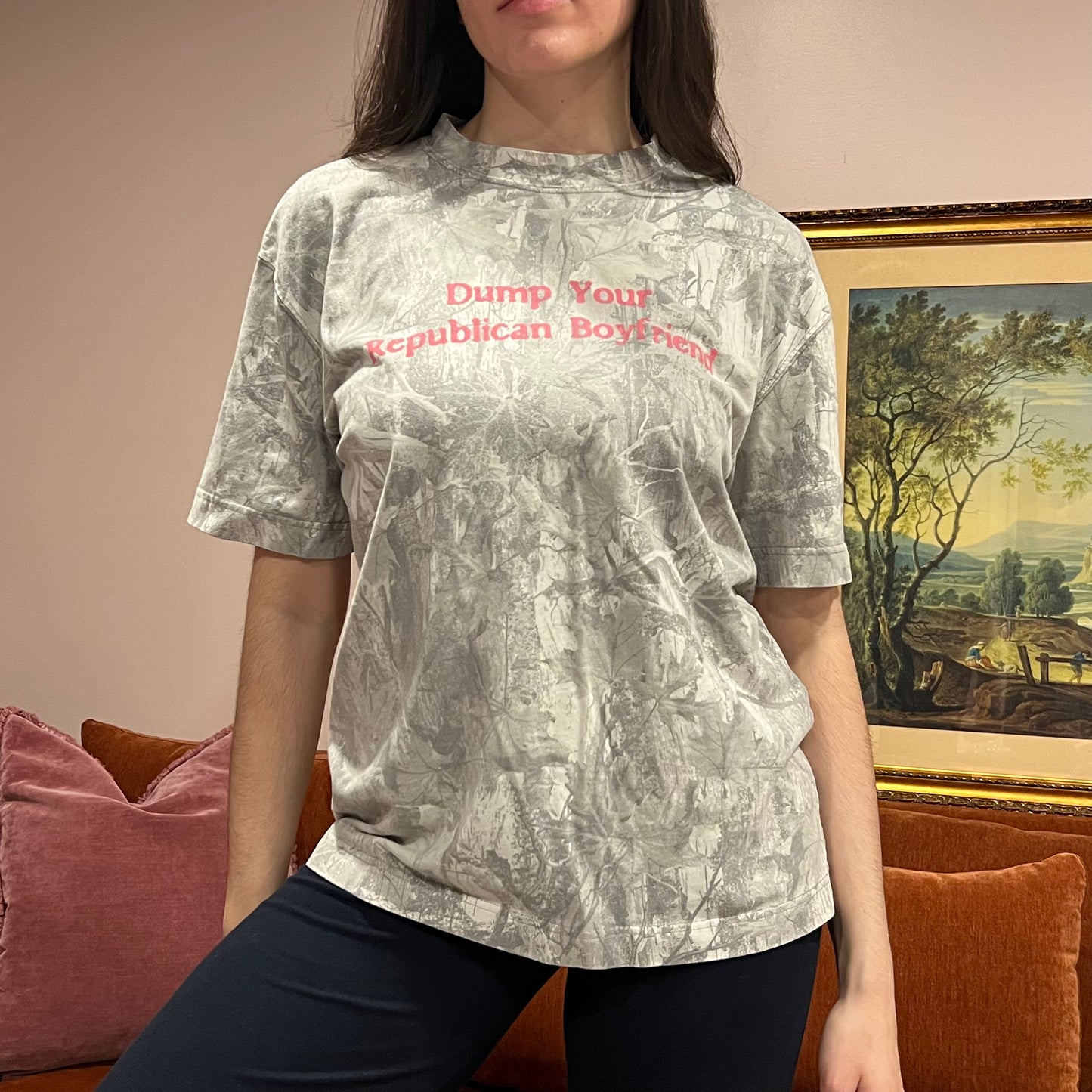 DUMP YOUR REPUBLICAN BOYFRIEND white camo t-shirt with pink text (M)