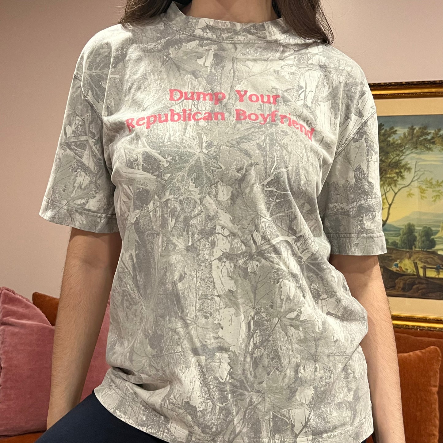 DUMP YOUR REPUBLICAN BOYFRIEND white camo t-shirt with pink text (M)