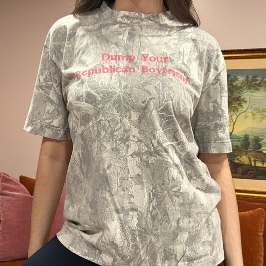 DUMP YOUR REPUBLICAN BOYFRIEND white camo t-shirt with pink text (M)
