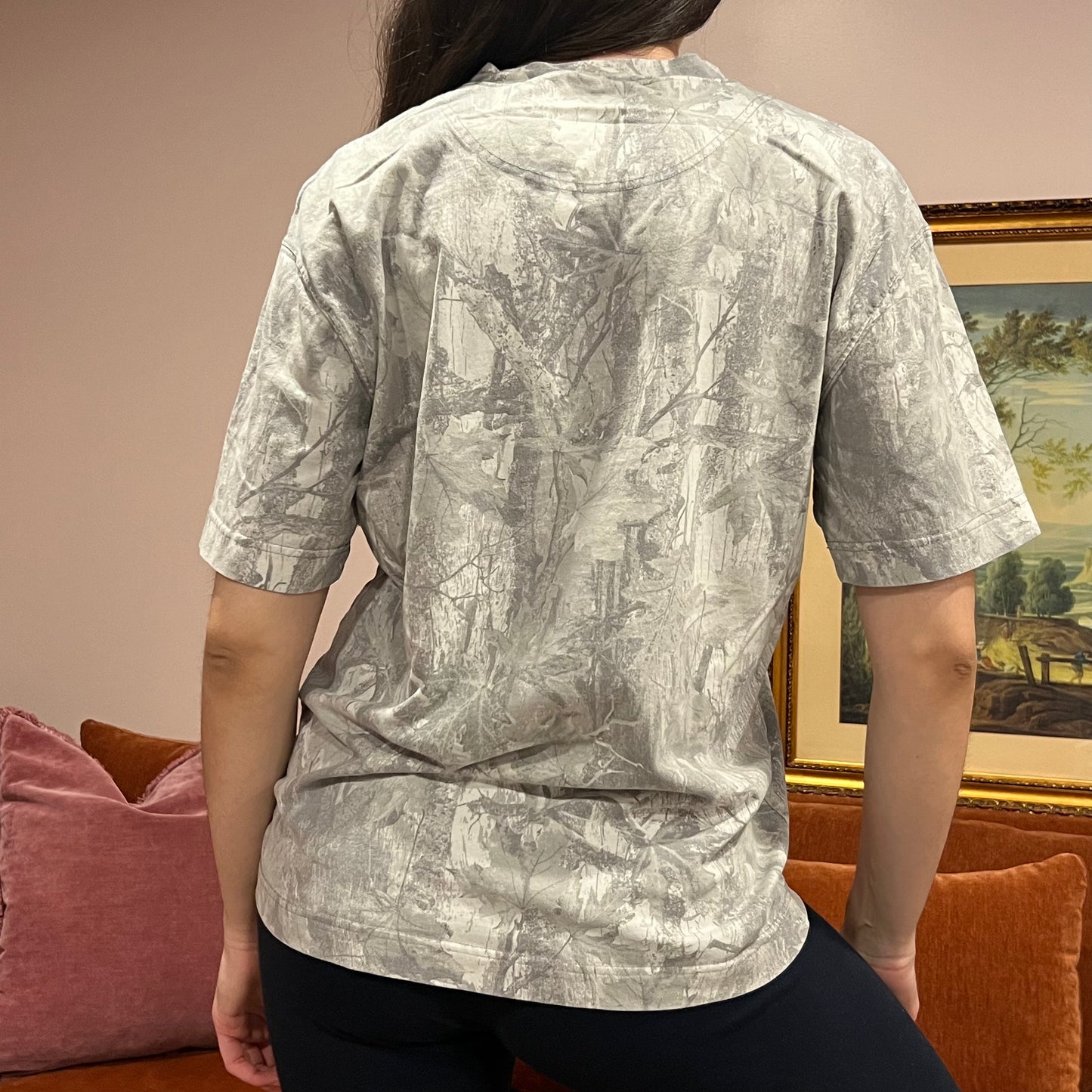 DUMP YOUR REPUBLICAN BOYFRIEND white camo t-shirt with pink text (M)