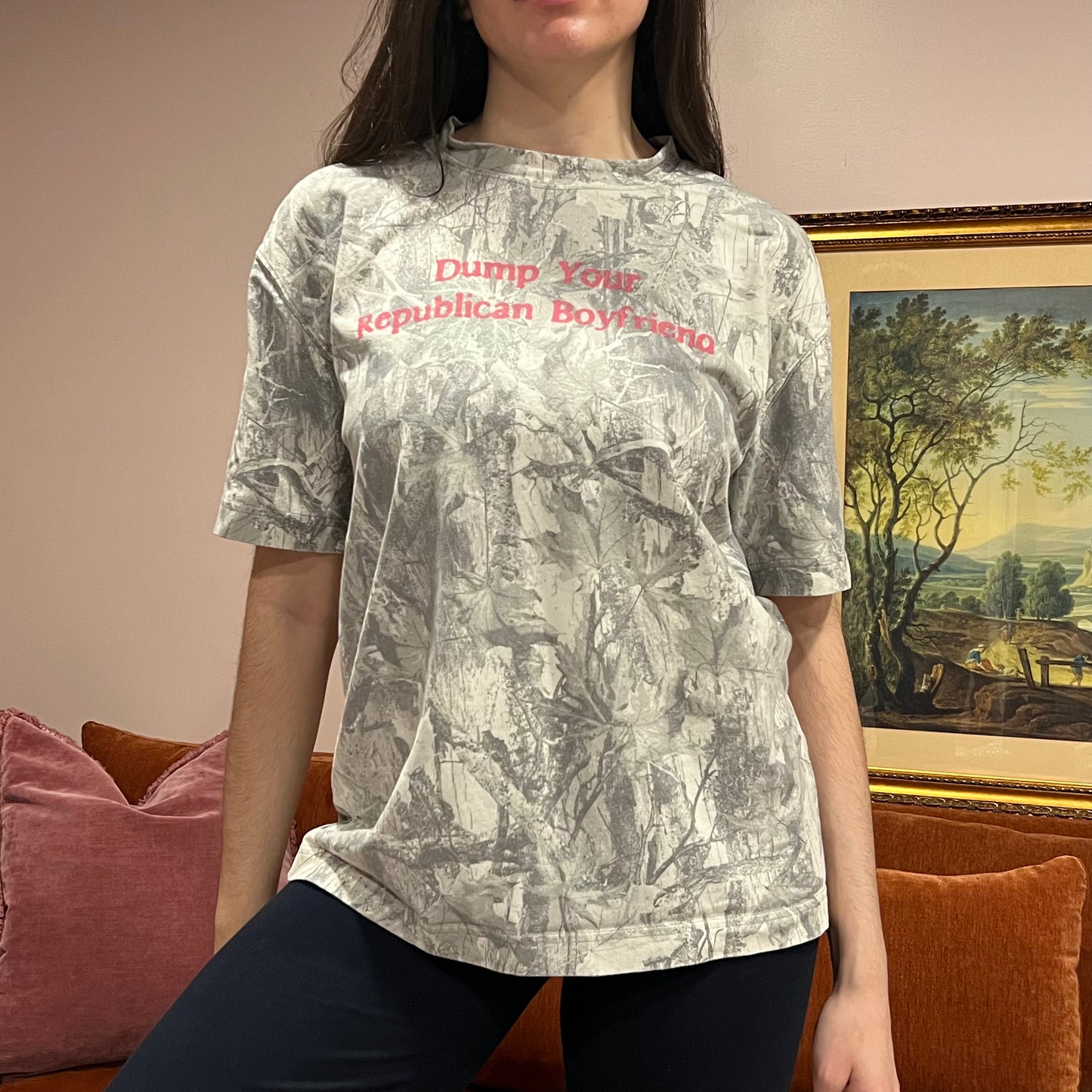 DUMP YOUR REPUBLICAN BOYFRIEND white camo t-shirt with pink text (M)