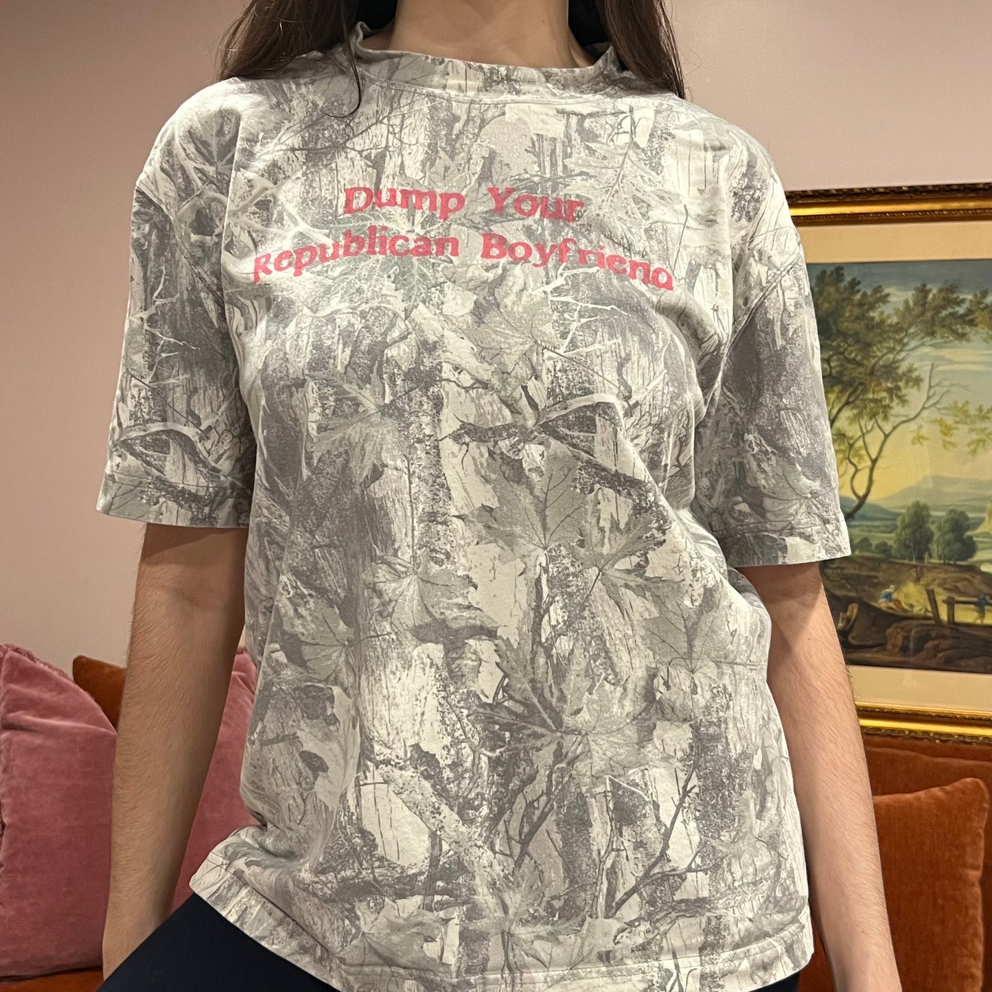 DUMP YOUR REPUBLICAN BOYFRIEND white camo t-shirt with pink text (M)