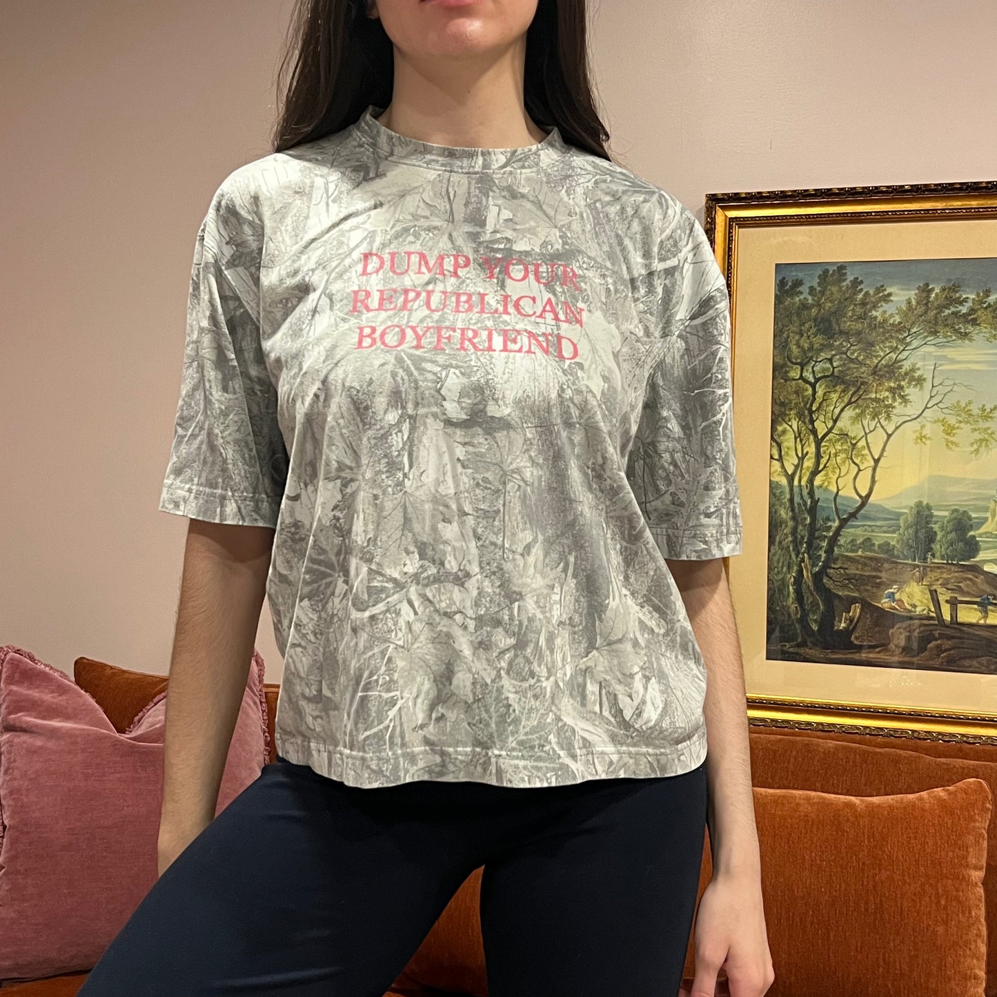 DUMP YOUR REPUBLICAN BOYFRIEND white camo t-shirt with pink text (M)