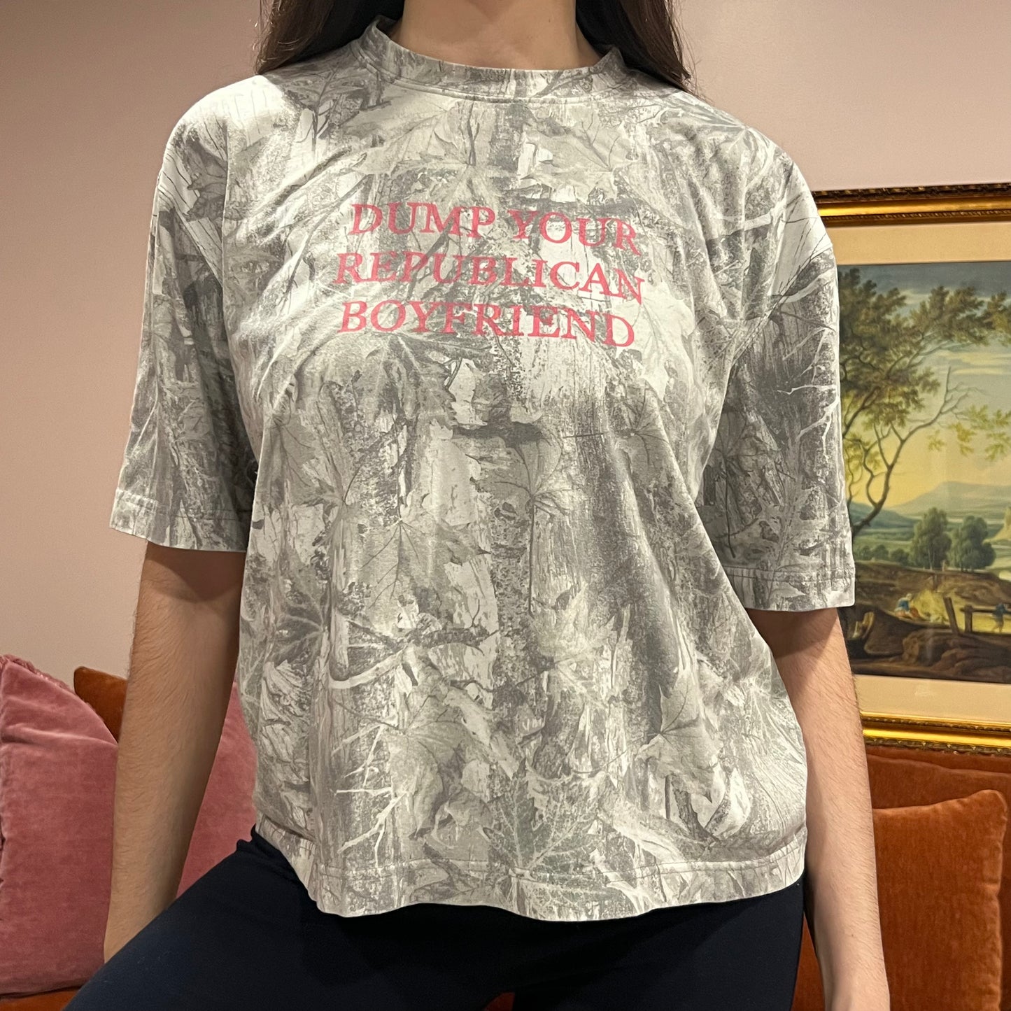 DUMP YOUR REPUBLICAN BOYFRIEND white camo t-shirt with pink text (M)