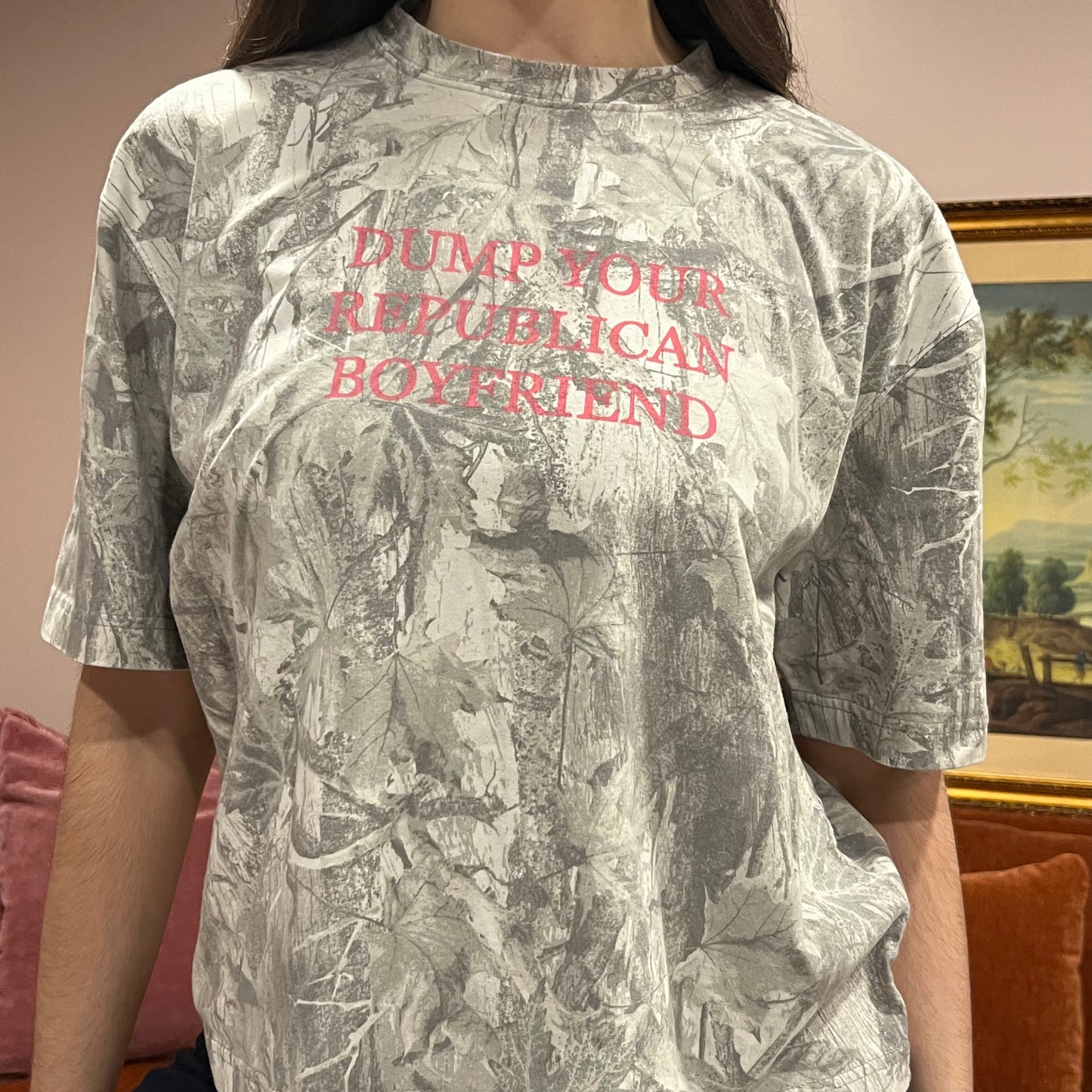DUMP YOUR REPUBLICAN BOYFRIEND white camo t-shirt with pink text (M)