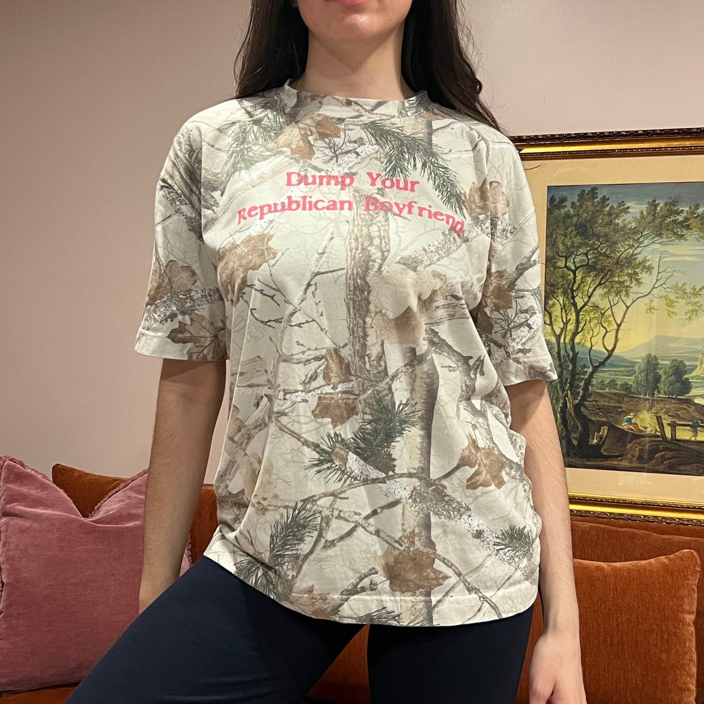 DUMP YOUR REPUBLICAN BOYFRIEND white camo t-shirt with pink text (M)