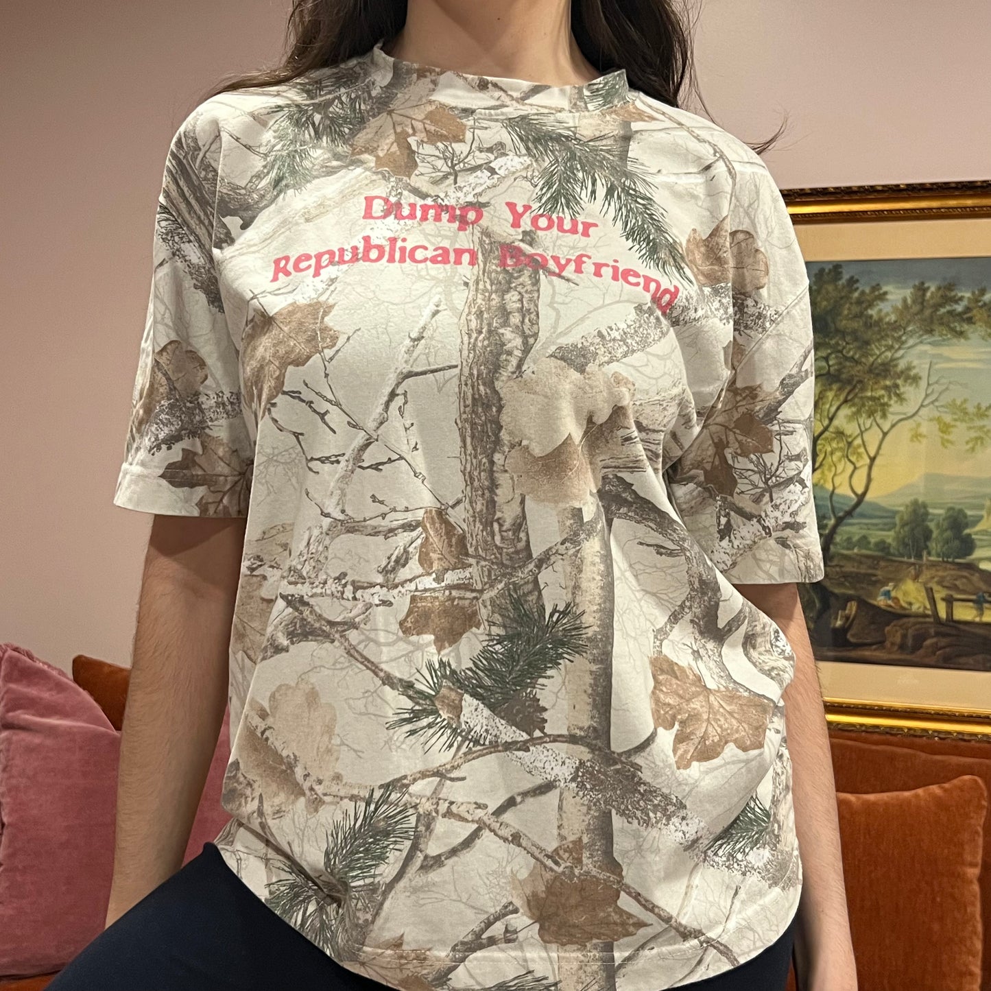 DUMP YOUR REPUBLICAN BOYFRIEND white camo t-shirt with pink text (M)