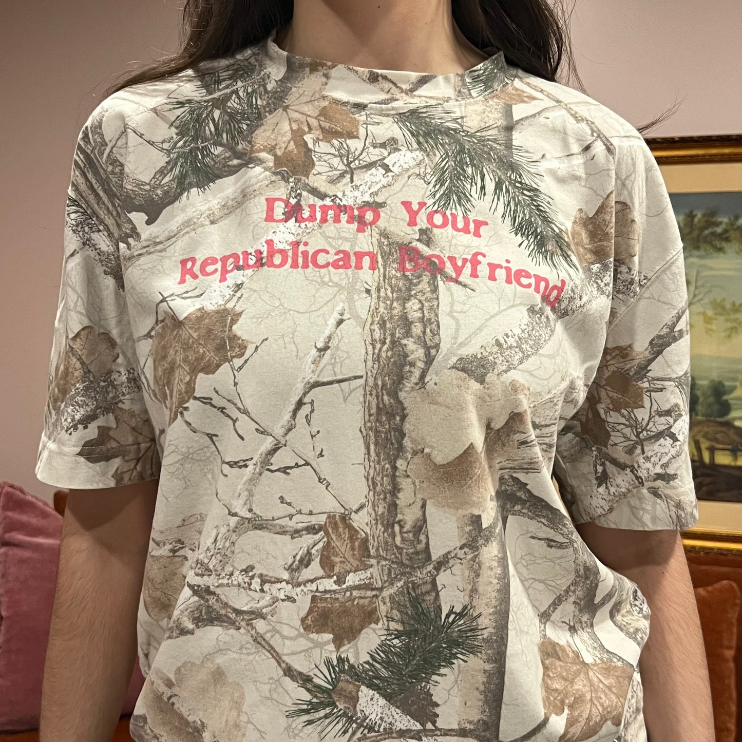 DUMP YOUR REPUBLICAN BOYFRIEND white camo t-shirt with pink text (M)