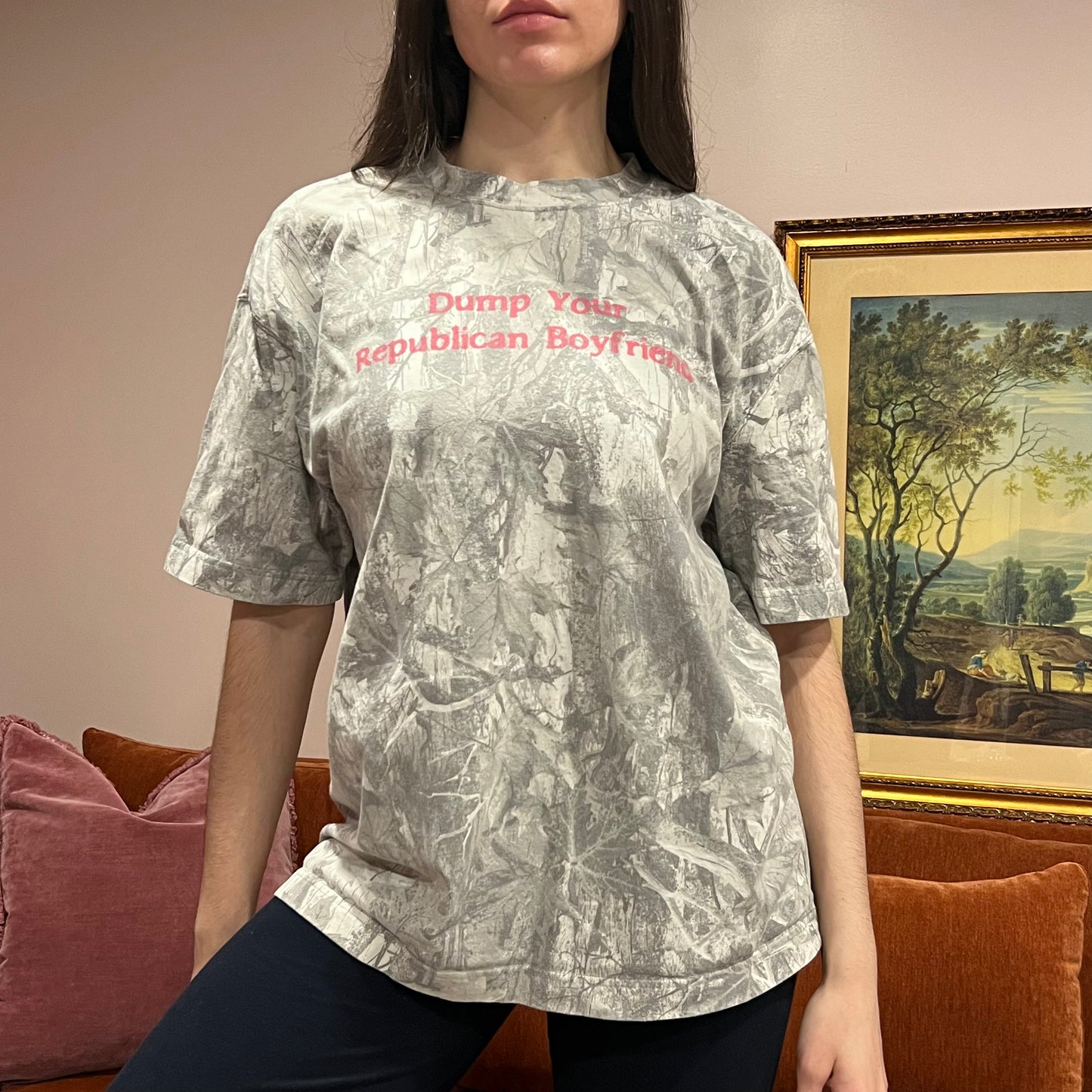 DUMP YOUR REPUBLICAN BOYFRIEND white camo t-shirt with pink text (L)