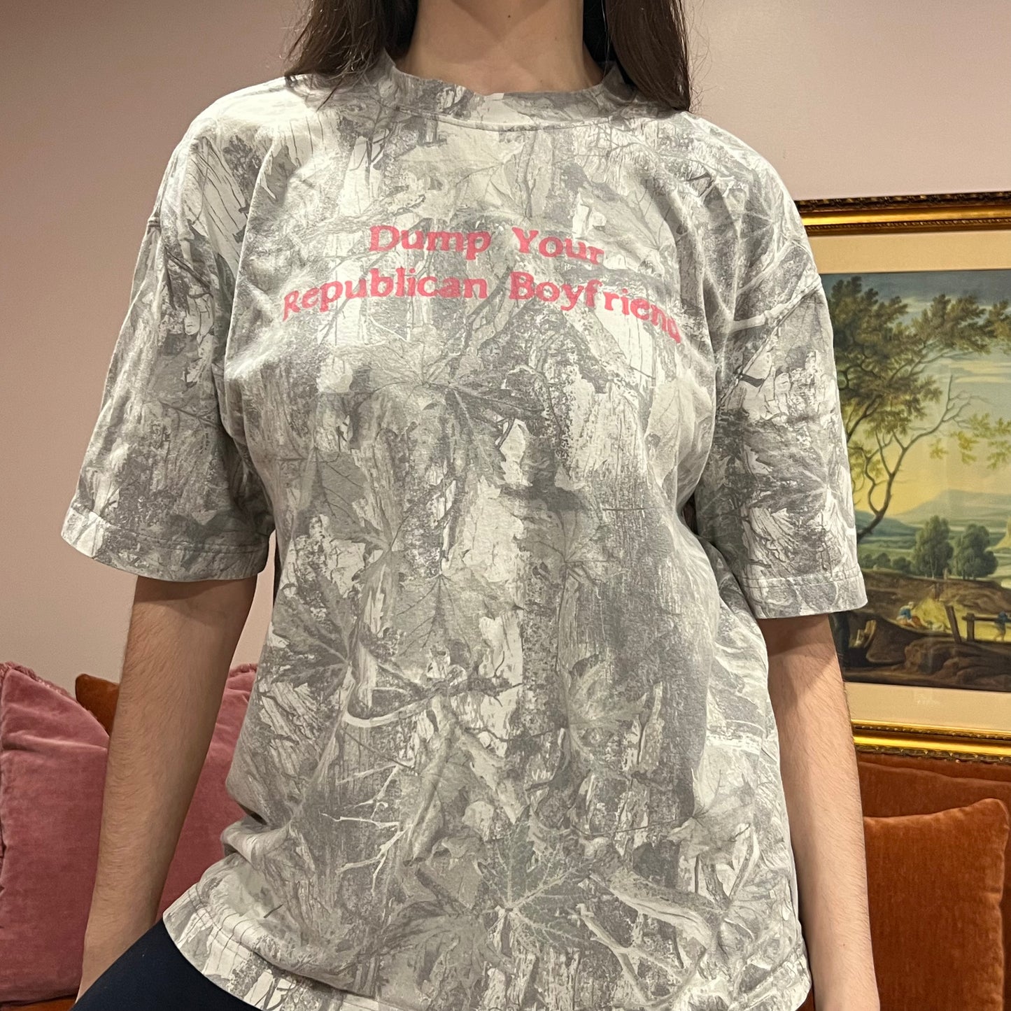 DUMP YOUR REPUBLICAN BOYFRIEND white camo t-shirt with pink text (L)