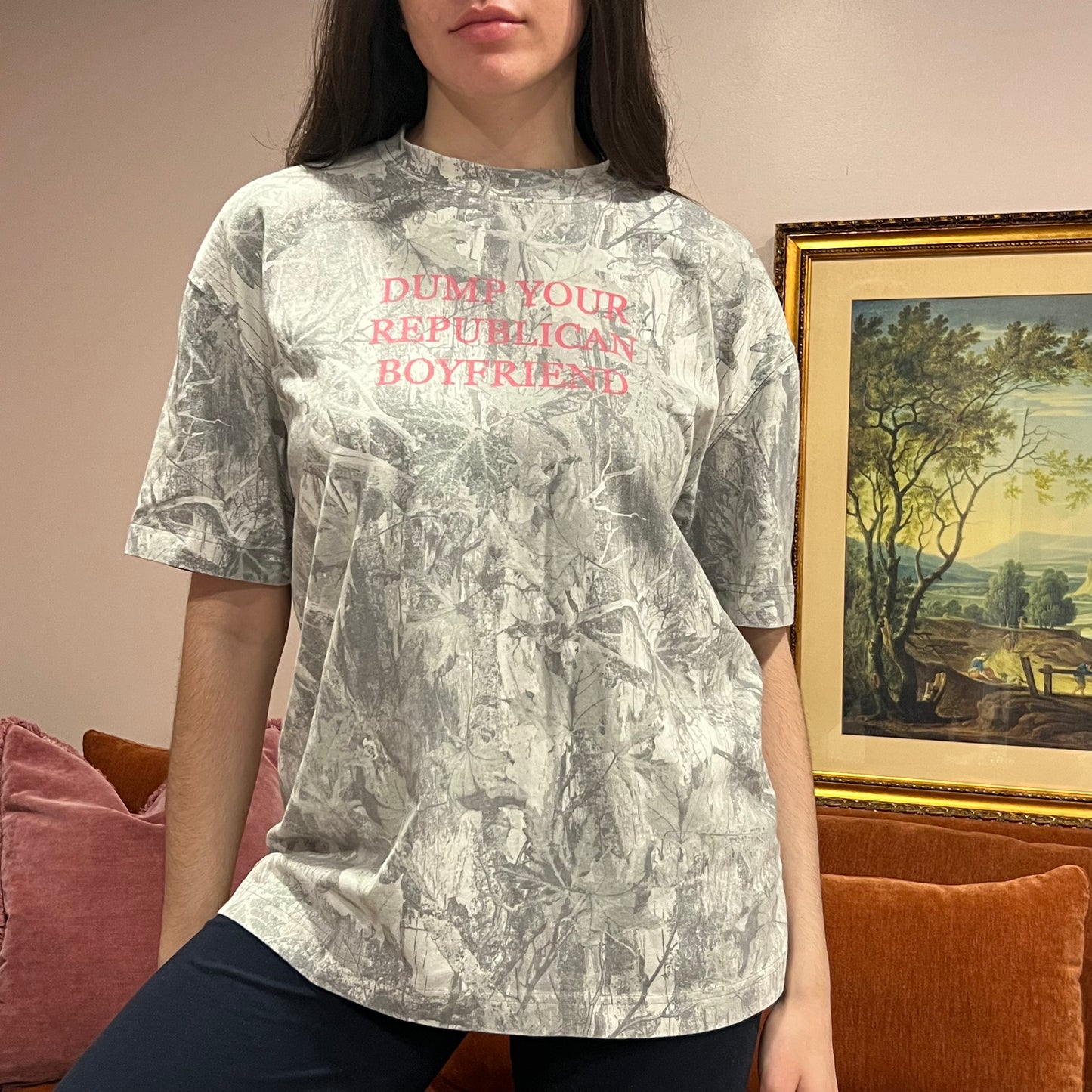 DUMP YOUR REPUBLICAN BOYFRIEND white camo t-shirt with pink text (L)
