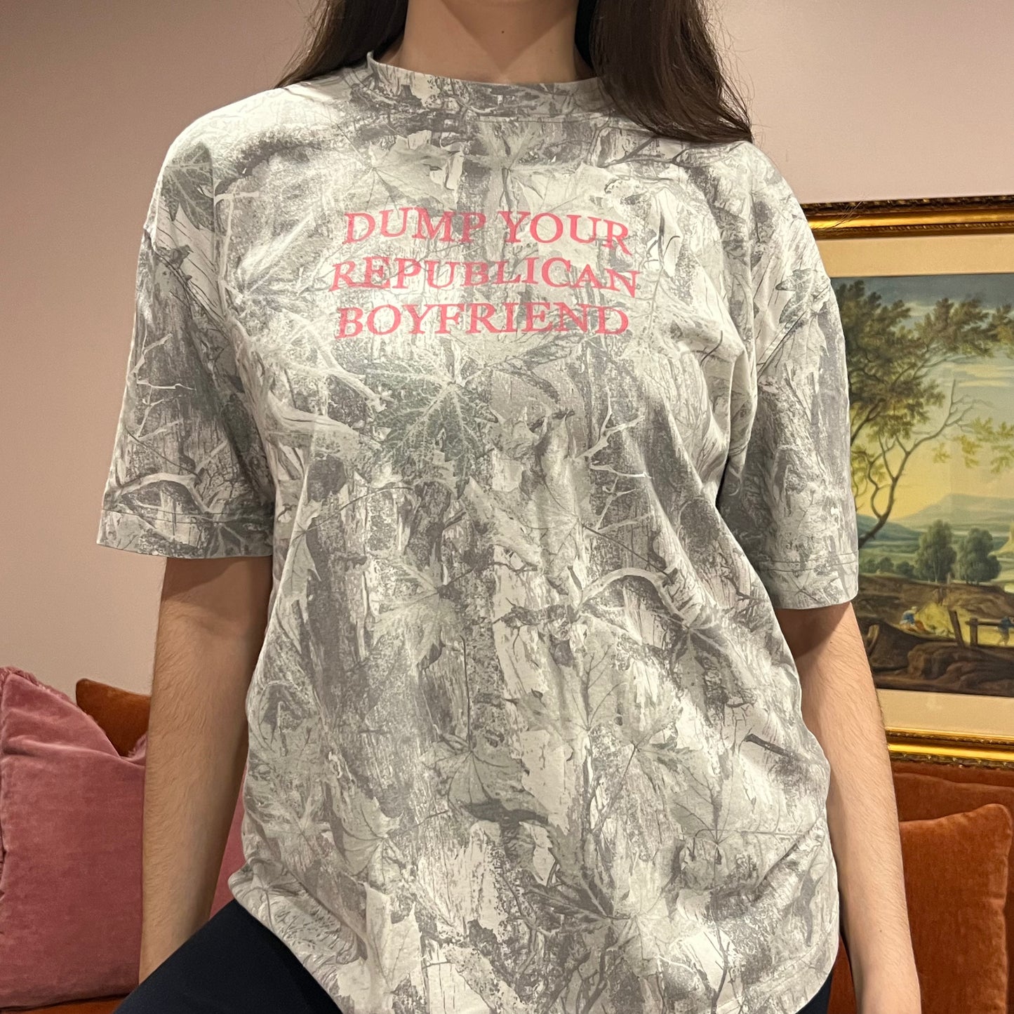 DUMP YOUR REPUBLICAN BOYFRIEND white camo t-shirt with pink text (L)
