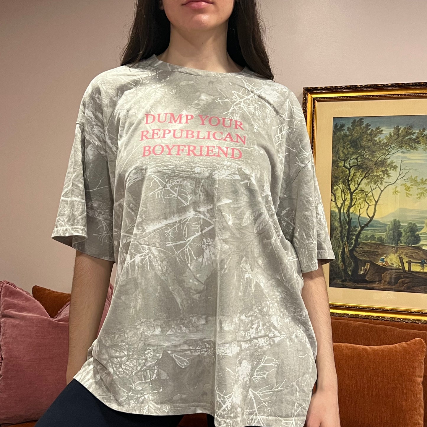 DUMP YOUR REPUBLICAN BOYFRIEND white camo t-shirt with pink text (XXL)