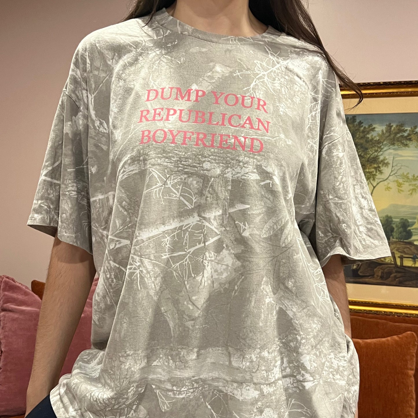 DUMP YOUR REPUBLICAN BOYFRIEND white camo t-shirt with pink text (XXL)