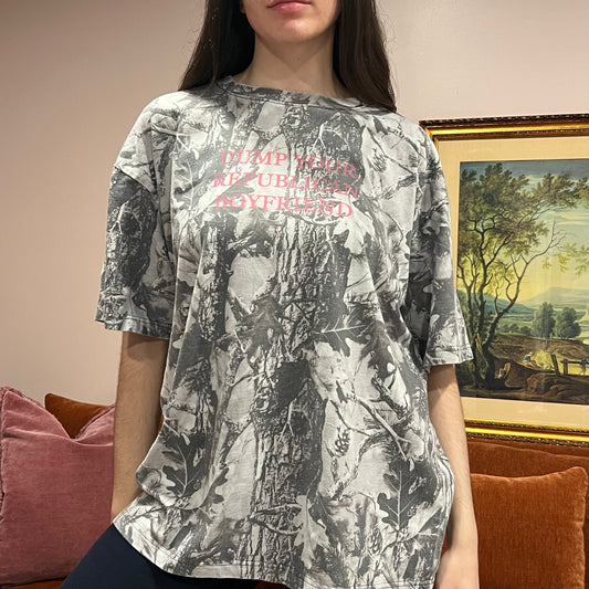 DUMP YOUR REPUBLICAN BOYFRIEND white camo t-shirt with pink text (XL)
