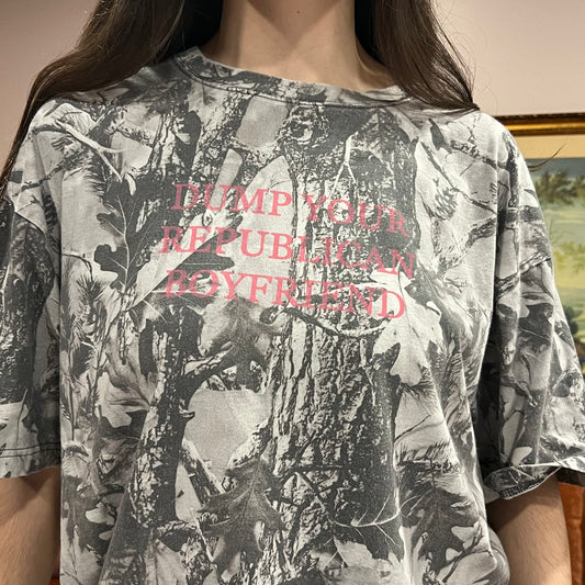 DUMP YOUR REPUBLICAN BOYFRIEND white camo t-shirt with pink text (XL)