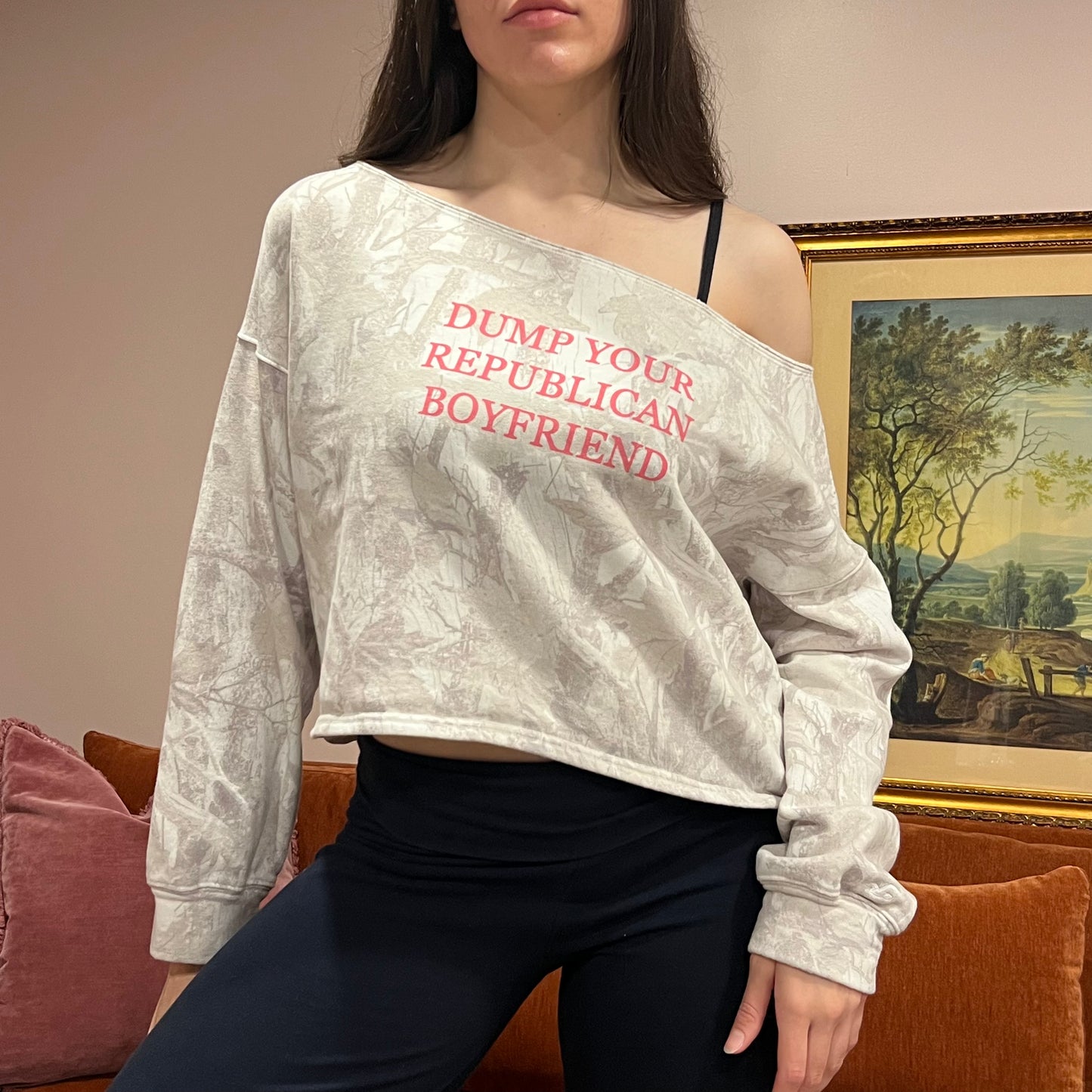 DUMP YOUR REPUBLICAN BOYFRIEND white camo crewneck with pink text (S)