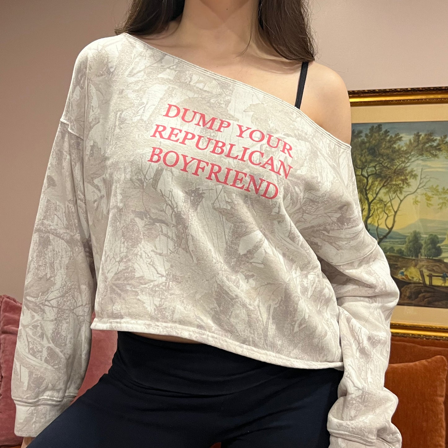 DUMP YOUR REPUBLICAN BOYFRIEND white camo crewneck with pink text (S)