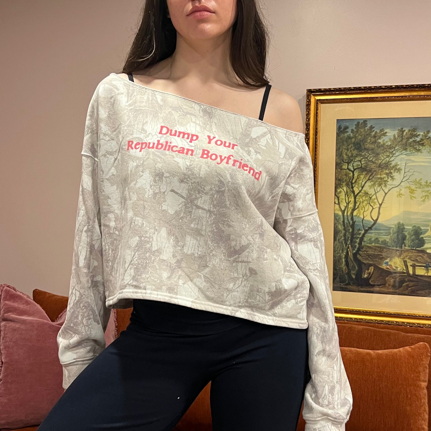 DUMP YOUR REPUBLICAN BOYFRIEND white camo crewneck with pink text (S)