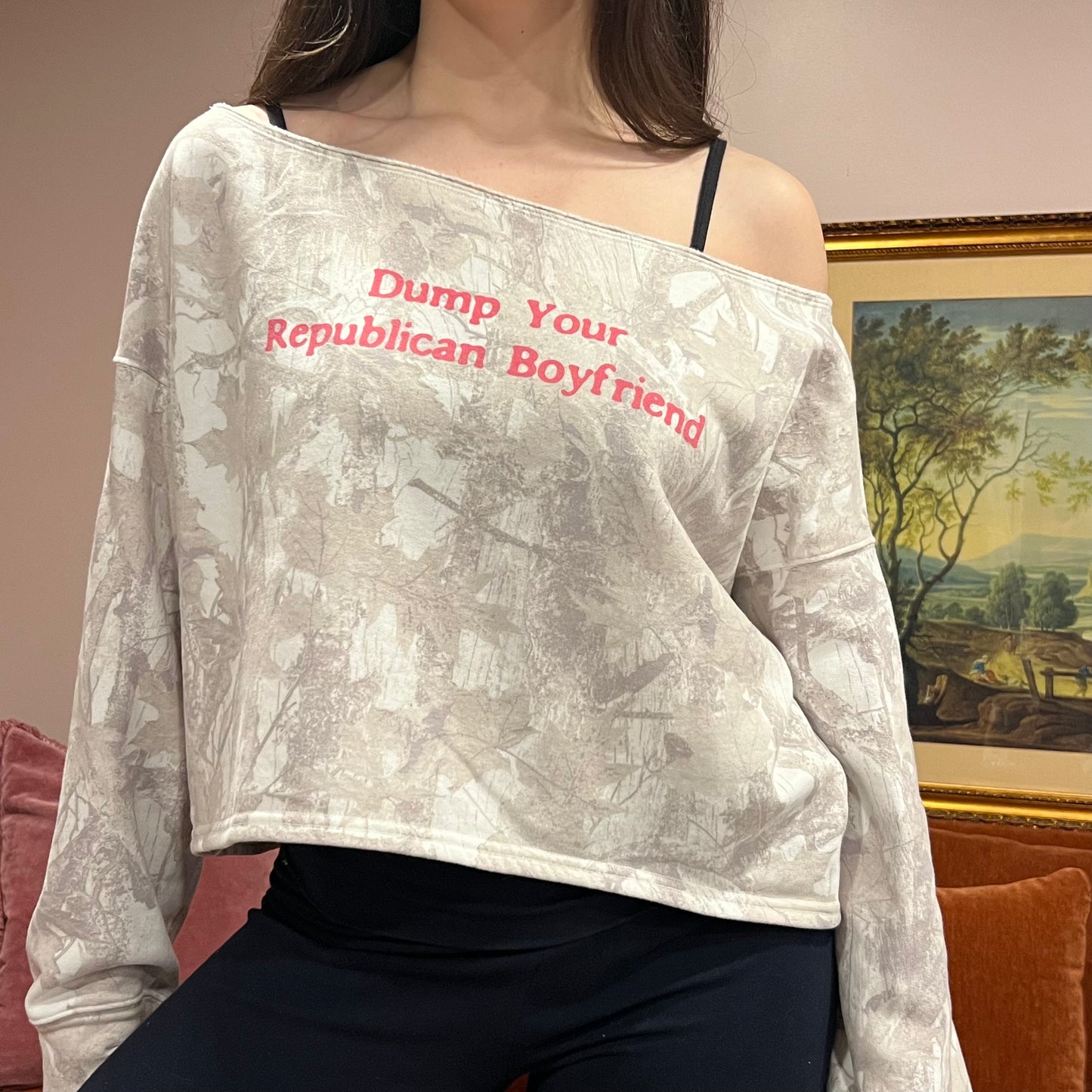 DUMP YOUR REPUBLICAN BOYFRIEND white camo crewneck with pink text (S)