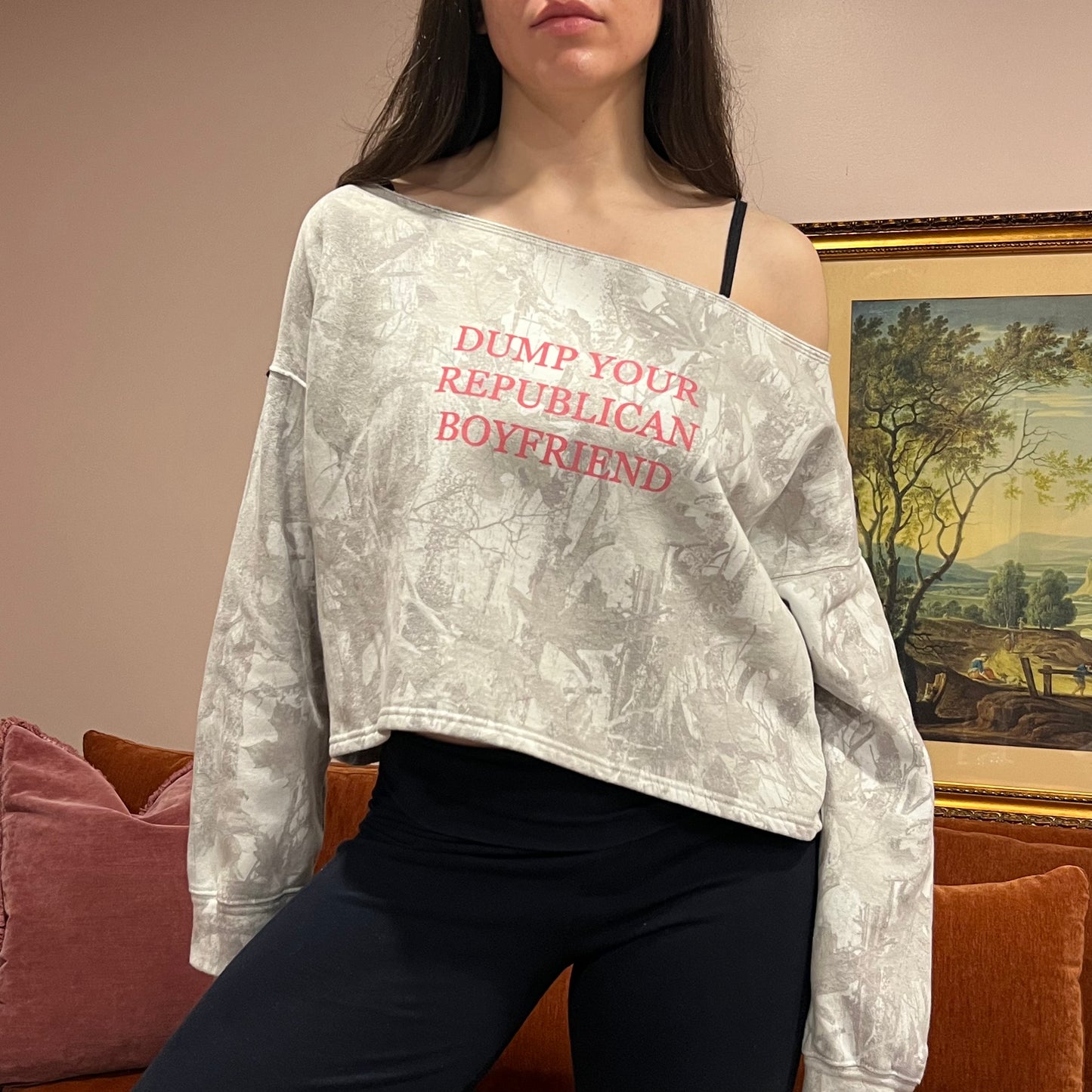DUMP YOUR REPUBLICAN BOYFRIEND white camo crewneck with pink text (S)