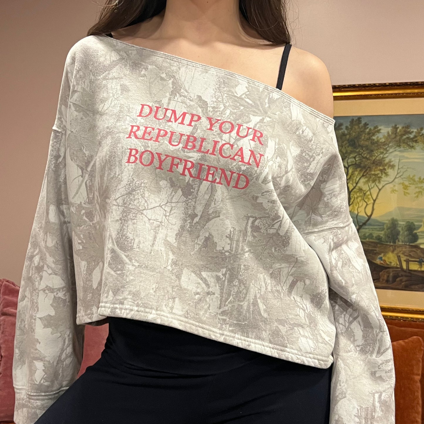 DUMP YOUR REPUBLICAN BOYFRIEND white camo crewneck with pink text (S)