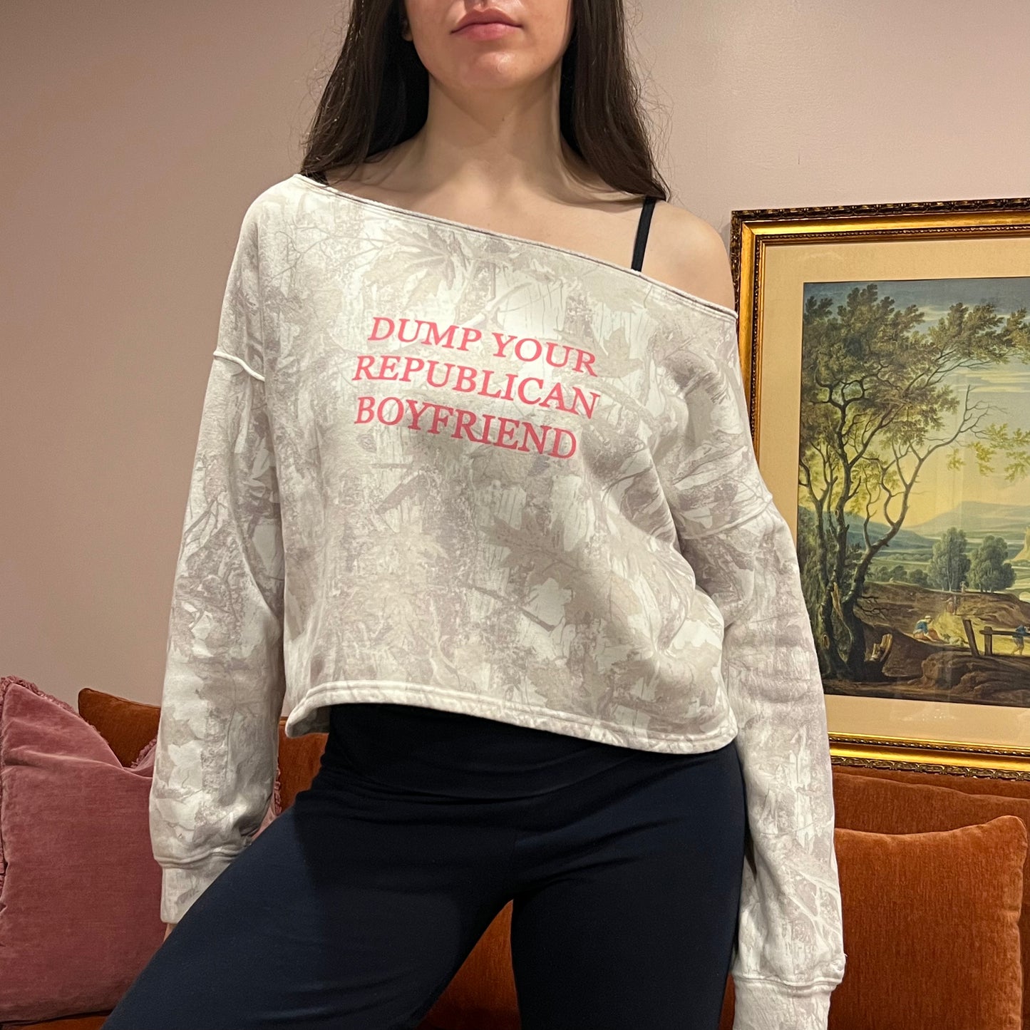 DUMP YOUR REPUBLICAN BOYFRIEND white camo crewneck with pink text (S)