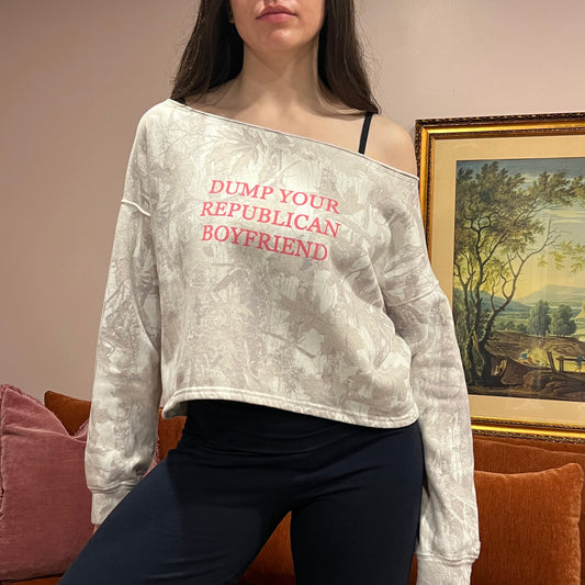 DUMP YOUR REPUBLICAN BOYFRIEND white camo crewneck with pink text (S)