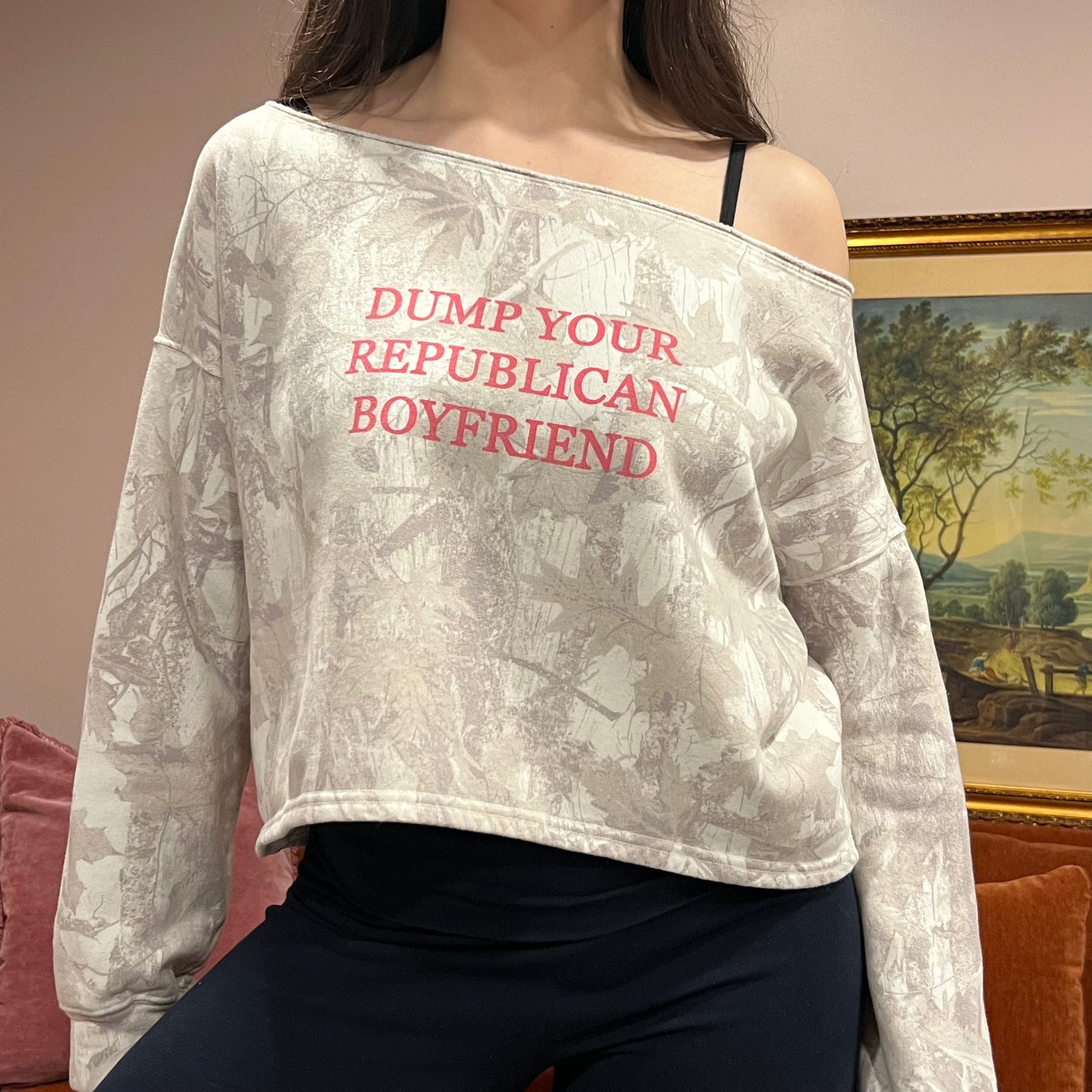 DUMP YOUR REPUBLICAN BOYFRIEND white camo crewneck with pink text (S)