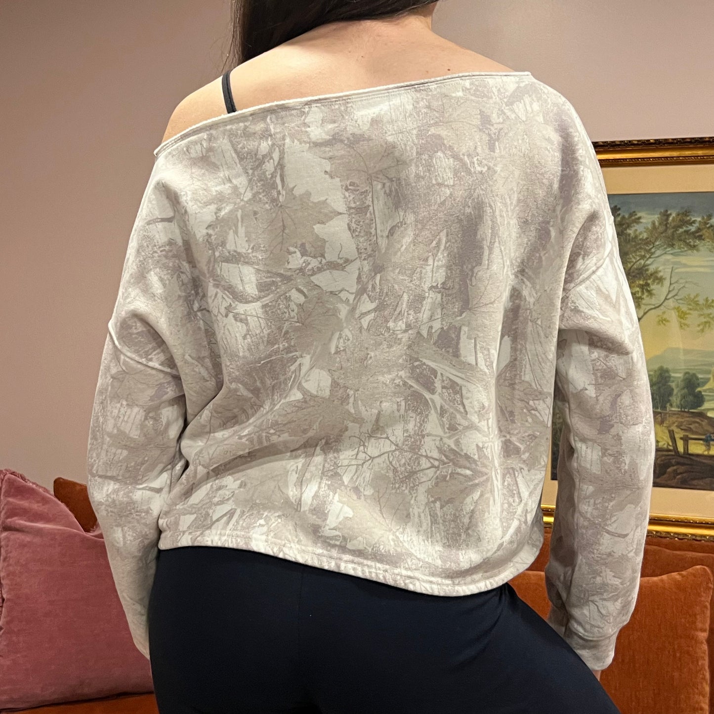 DUMP YOUR REPUBLICAN BOYFRIEND white camo crewneck with pink text (S)