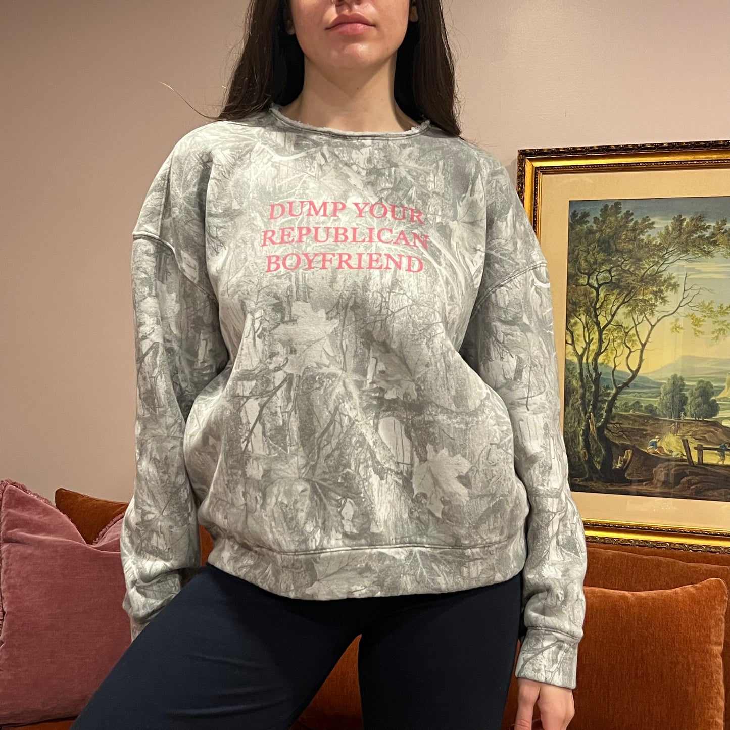 DUMP YOUR REPUBLICAN BOYFRIEND white camo crewneck with pink text (M)