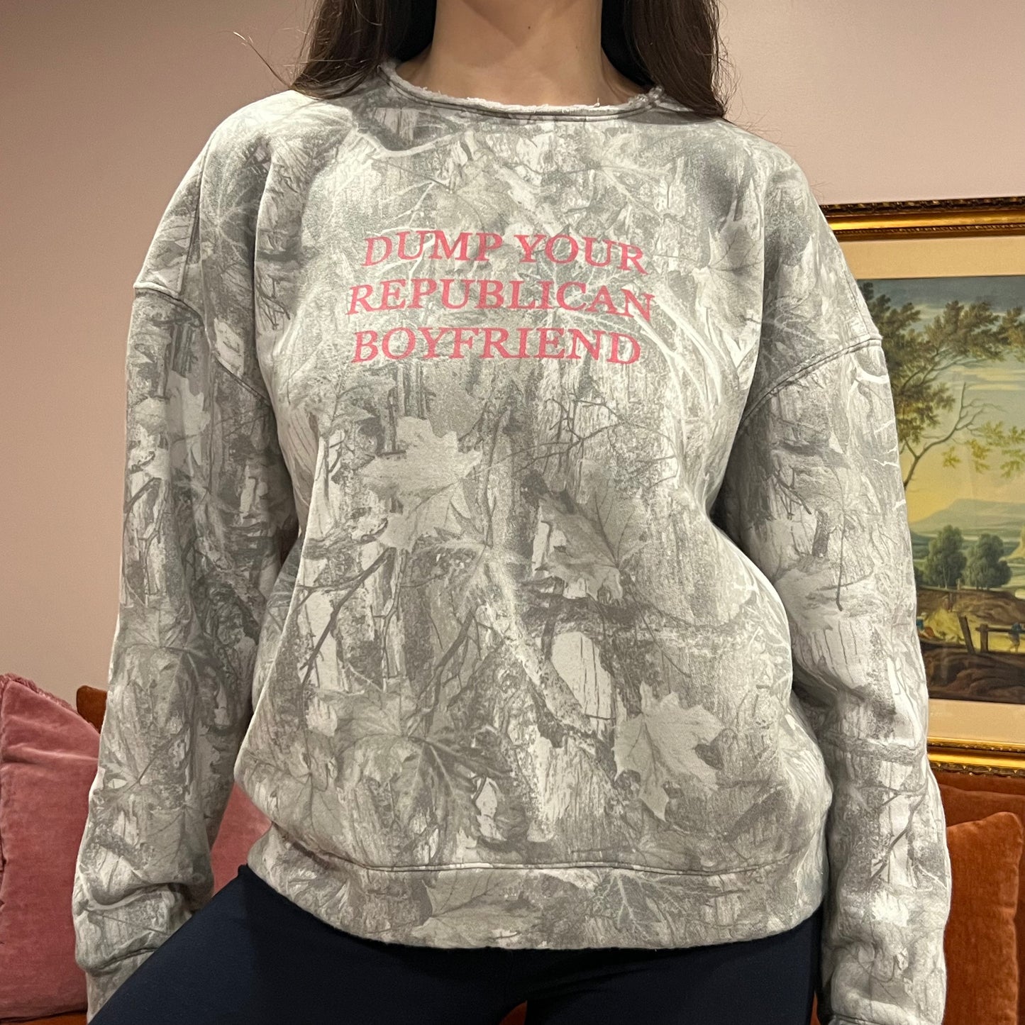DUMP YOUR REPUBLICAN BOYFRIEND white camo crewneck with pink text (M)
