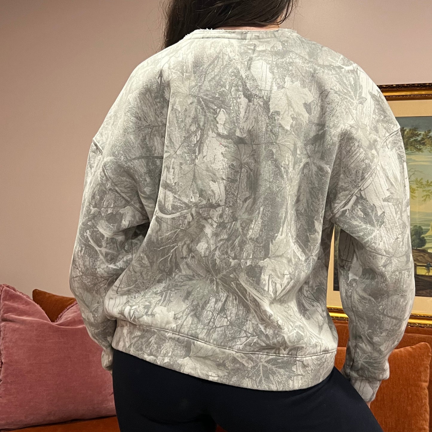 DUMP YOUR REPUBLICAN BOYFRIEND white camo crewneck with pink text (M)