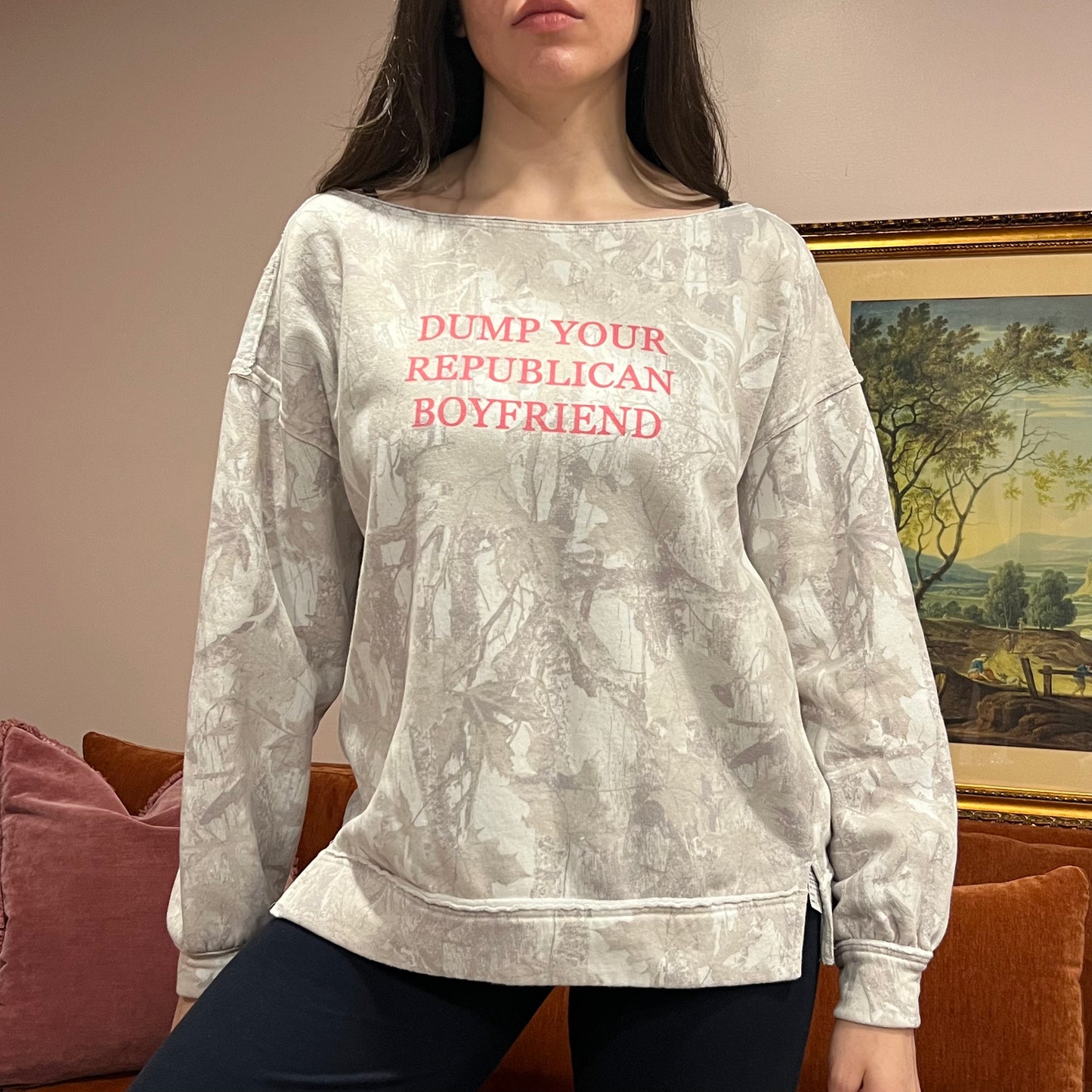 DUMP YOUR REPUBLICAN BOYFRIEND white camo crewneck with pink text (M)
